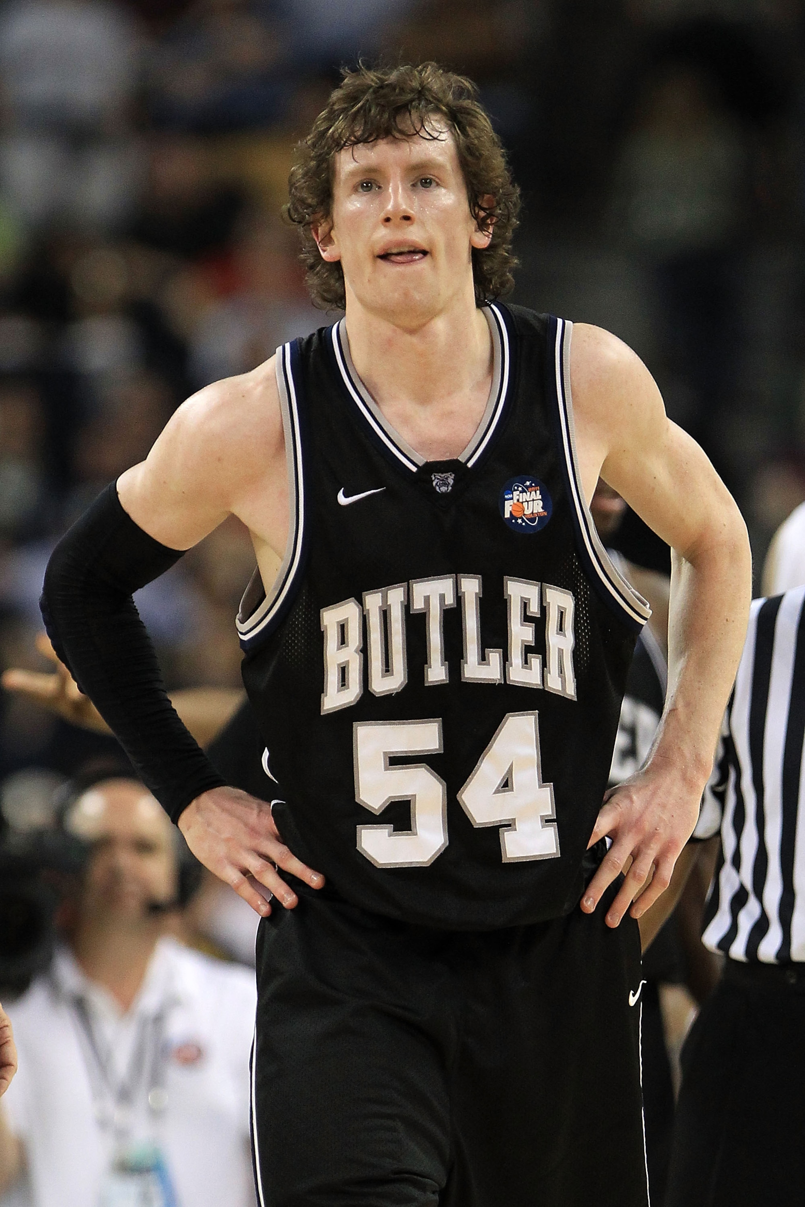 HOUSTON, TX - APRIL 04:  Matt Howard #54 of the Butler Bulldogs looks on against the Connecticut Huskies during the National Championship Game of the 2011 NCAA Division I Men's Basketball Tournament at Reliant Stadium on April 4, 2011 in Houston, Texas.