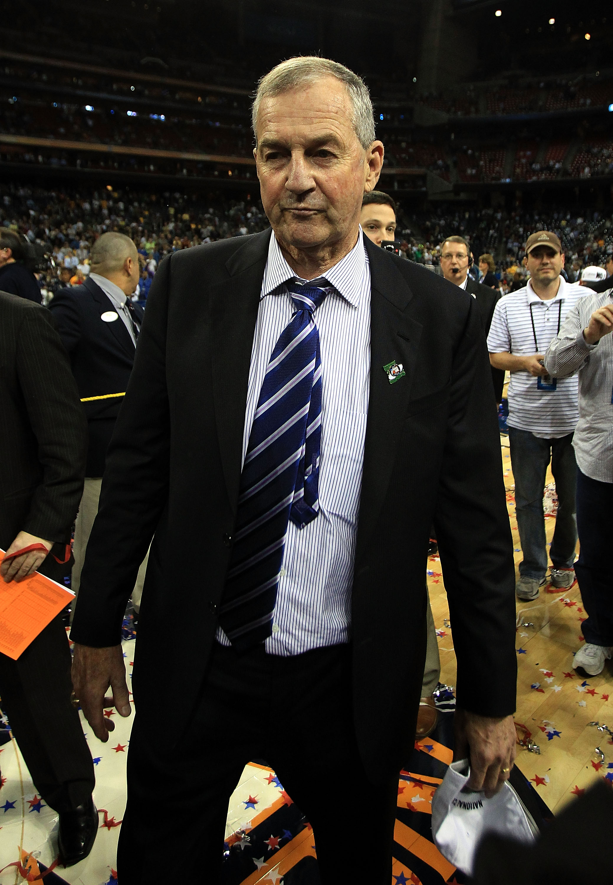 HOUSTON, TX - APRIL 04:  Head coach Jim Calhoun of the Connecticut Huskies walks off the court after defeating the Butler Bulldogs to win the National Championship Game of the 2011 NCAA Division I Men's Basketball Tournament by a score of 53-41 at Reliant
