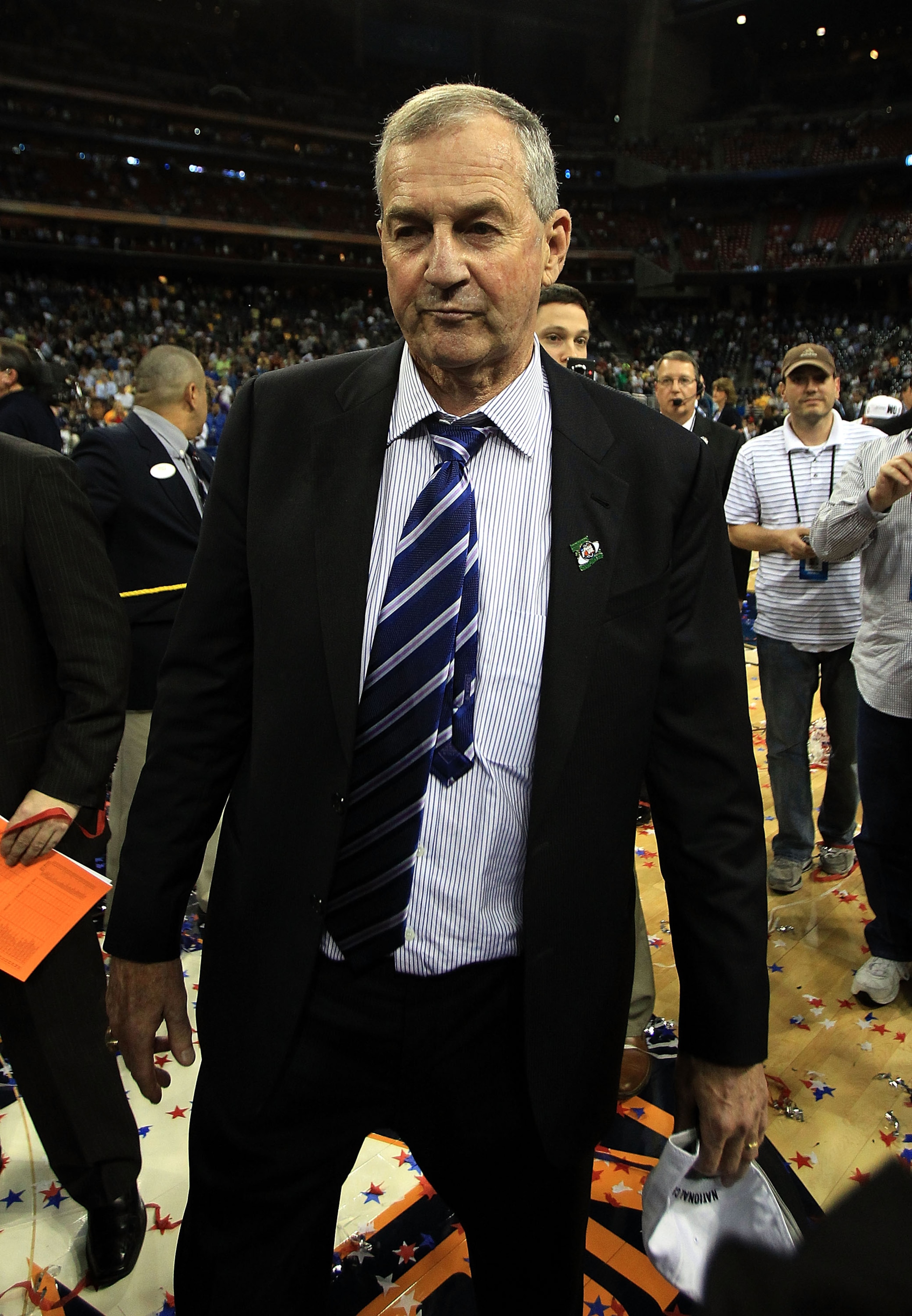 HOUSTON, TX - APRIL 04:  Head coach Jim Calhoun of the Connecticut Huskies walks off the court after defeating the Butler Bulldogs to win the National Championship Game of the 2011 NCAA Division I Men's Basketball Tournament by a score of 53-41 at Reliant