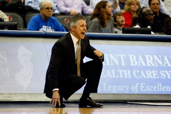 NEWARK, NJ - DECEMBER 22:  Head coach Brian Gregory of the Dayton Flyers reacts as he coaches against the Seton Hall Pirates at Prudential Center on December 22, 2010 in Newark, New Jersey.  (Photo by Chris Chambers/Getty Images)