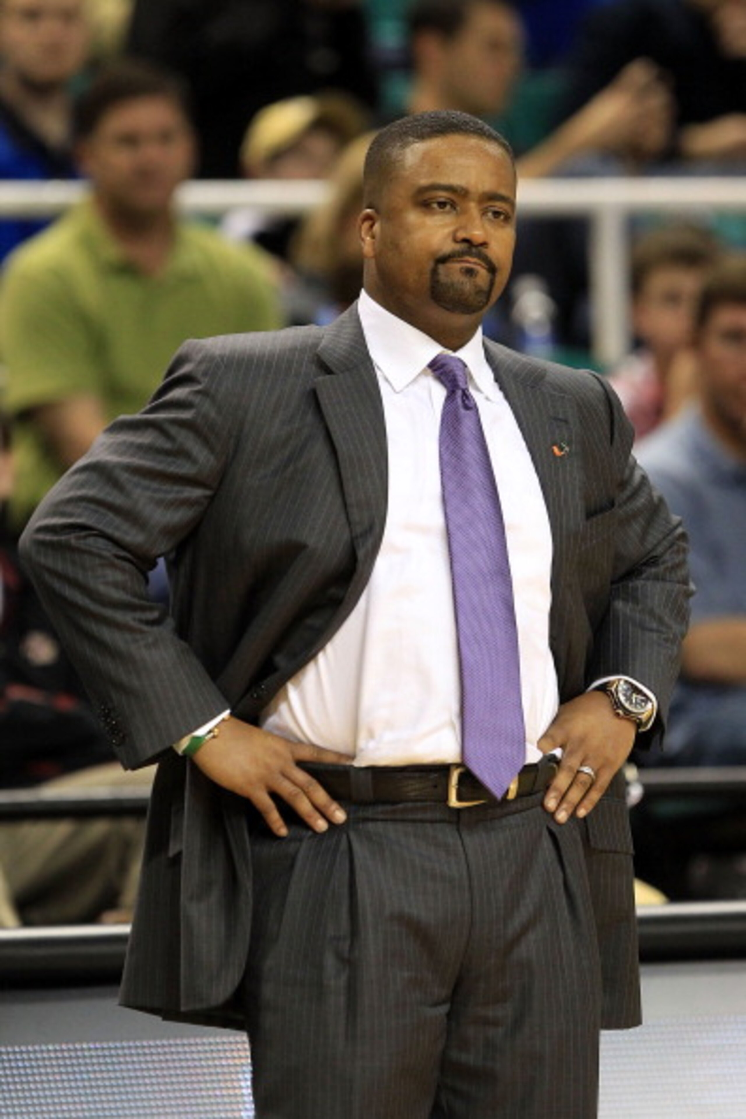 GREENSBORO, NC - MARCH 10:  Head coach Frank Haith of the Miami Hurricanes looks on during the game against the Virginia Cavaliers during the first round of the 2011 ACC men's basketball tournament at the Greensboro Coliseum on March 10, 2011 in Greensbor
