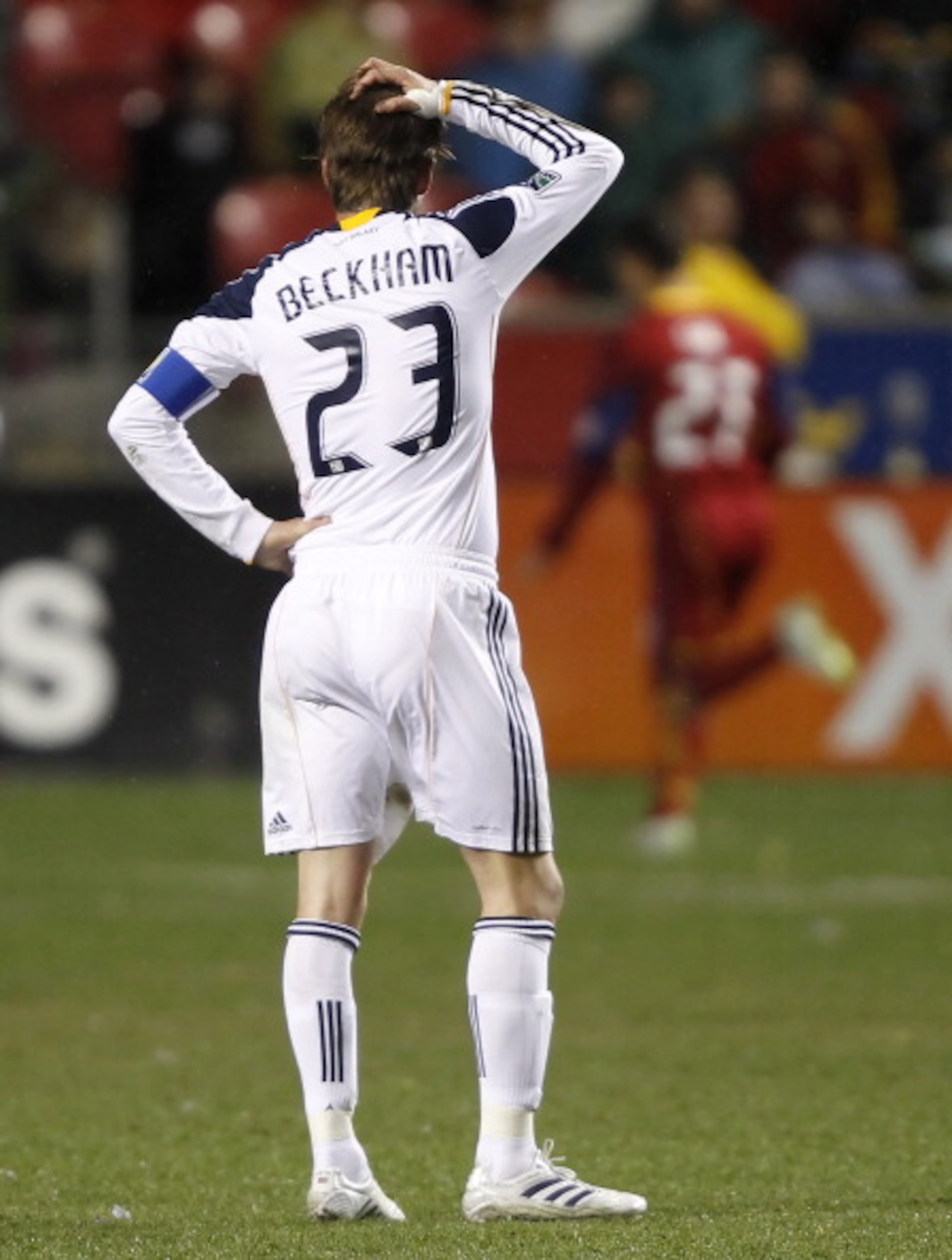 SANDY, UT - MARCH 26:  David Beckham #23 of the Los Angeles Galaxy puts his hand on his head during a game against Real Salt Lake in the second half of an MLS soccer game March 26, 2011 at Rio Tinto Stadium in Sandy, Utah. Real Salt Lake beat the Los Ange
