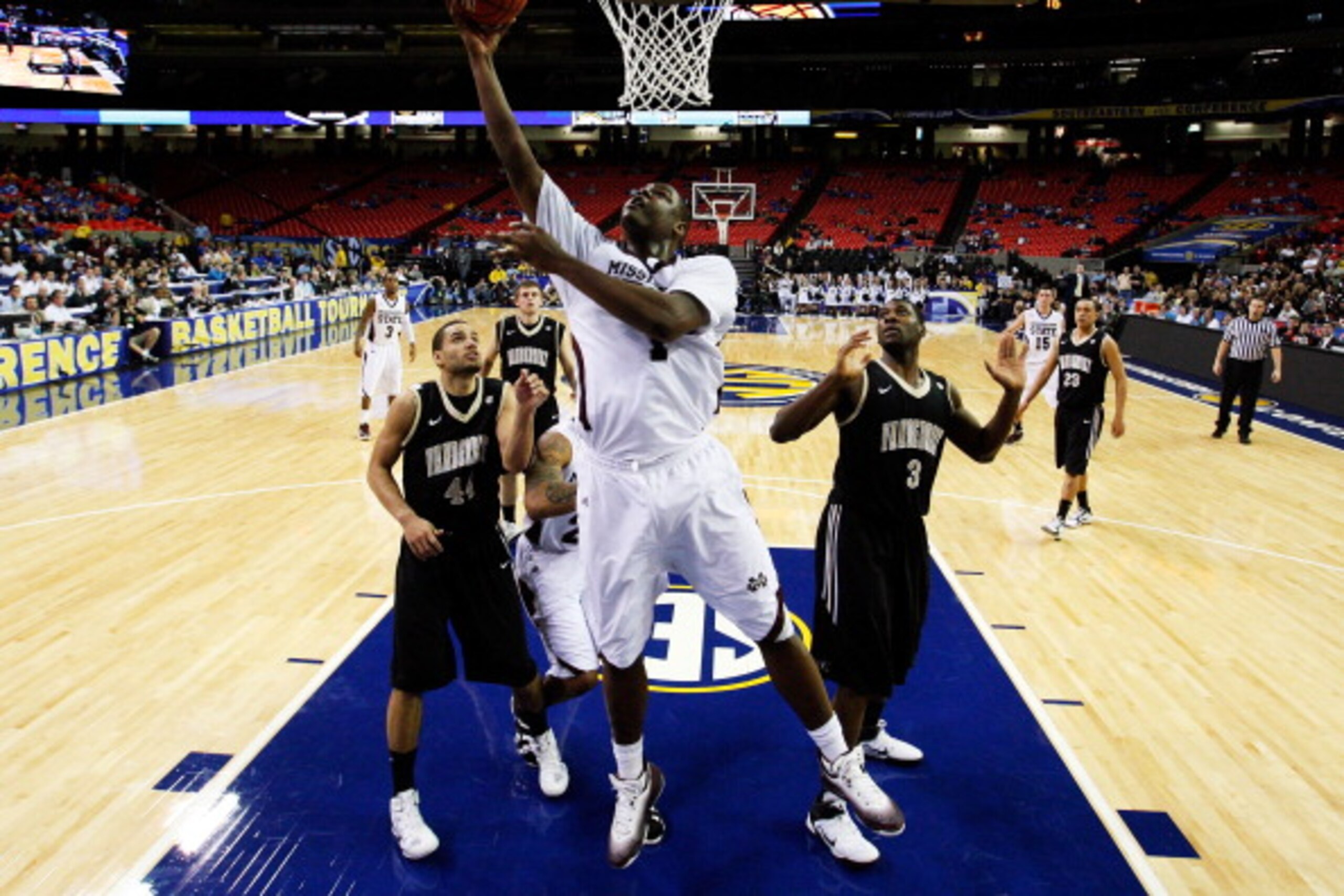 ATLANTA, GA - MARCH 11:  Renardo Sidney #1 of the Mississippi State Bulldogs goes up for a shot against the Vanderbilt Commodores during the quarterfinals of the SEC Men's Basketball Tournament at Georgia Dome on March 11, 2011 in Atlanta, Georgia.  (Phot
