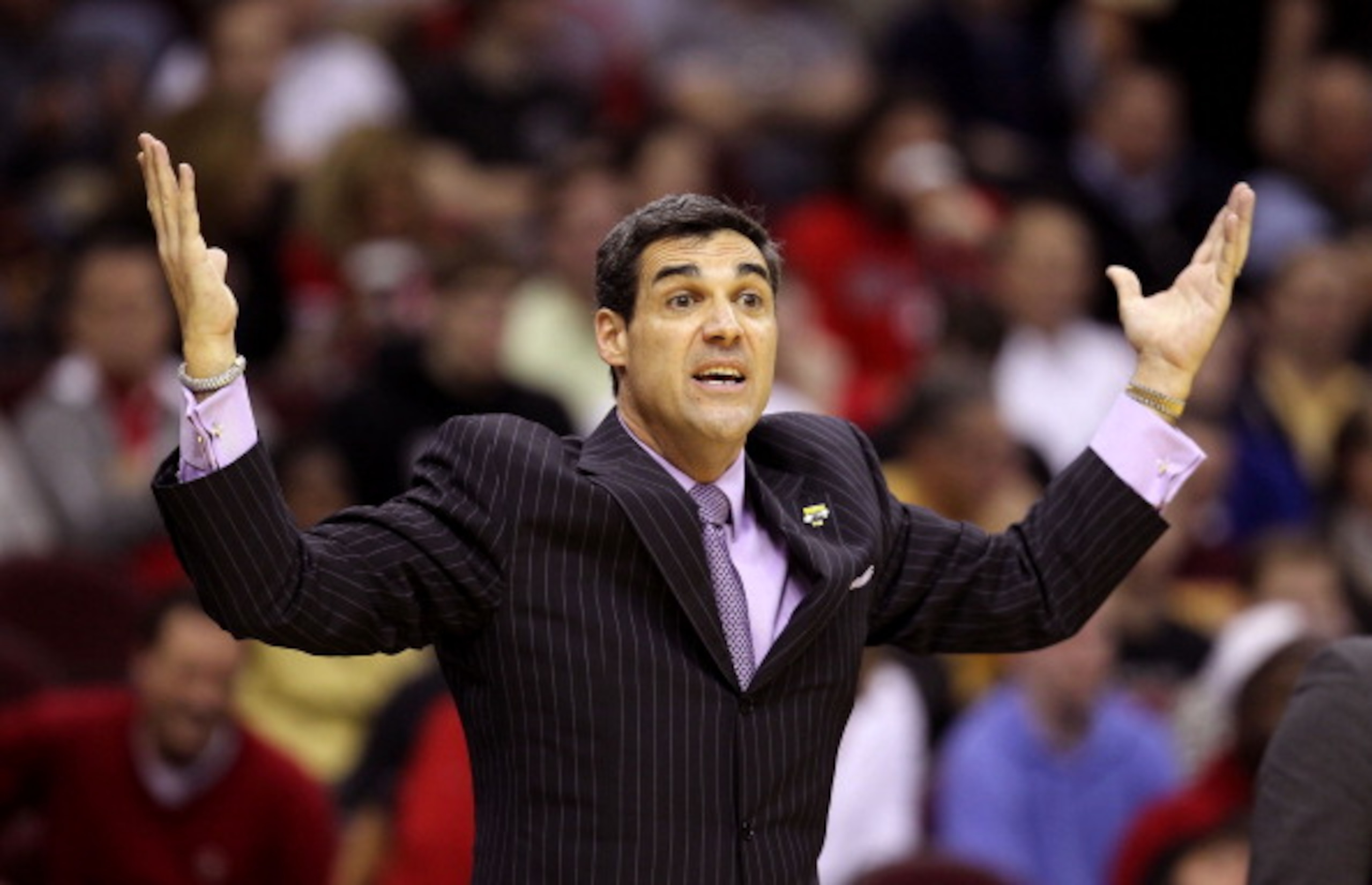 CLEVELAND, OH - MARCH 18: Head coach Jay Wright of the Villanova Wildcats reacts during the game against the George Mason Patriots during the second round of the 2011 NCAA men's basketball tournament at Quicken Loans Arena on March 18, 2011 in Cleveland,