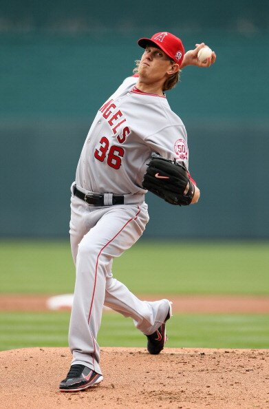 KANSAS CITY, MO - MARCH 31:  Starting pitcher Jered Weaver #36 of the Los Angeles Angels of Anaheim pitches during warm-ups just prior to the start of the opening day game against the Kansas City Royals at Kauffman Stadium on March 31, 2011 in Kansas City