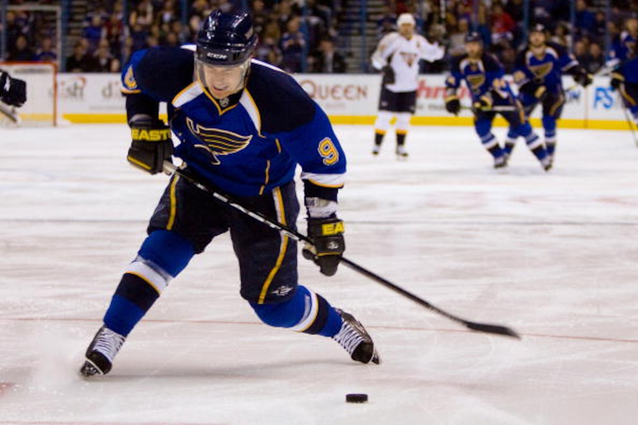 ST. LOUIS - MARCH 21:  Paul Kariya #9 of the St. Louis Blues  shoots the puck against the Nashville Predators at the Scottrade Center on March 21, 2010 in St. Louis, Missouri.  The Predators beat the Blues 3-2.  (Photo by Dilip Vishwanat/Getty Images)