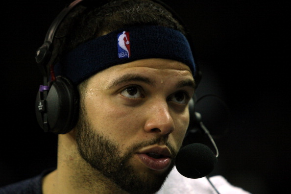 LONDON, ENGLAND - MARCH 04:  #8 Deron Williams of the Nets speaks with the media after the NBA match between New Jersey Nets and the Toronto Raptors at the O2 Arena on March 4, 2011 in London, England. NOTE TO USER: User expressly acknowledges and agrees