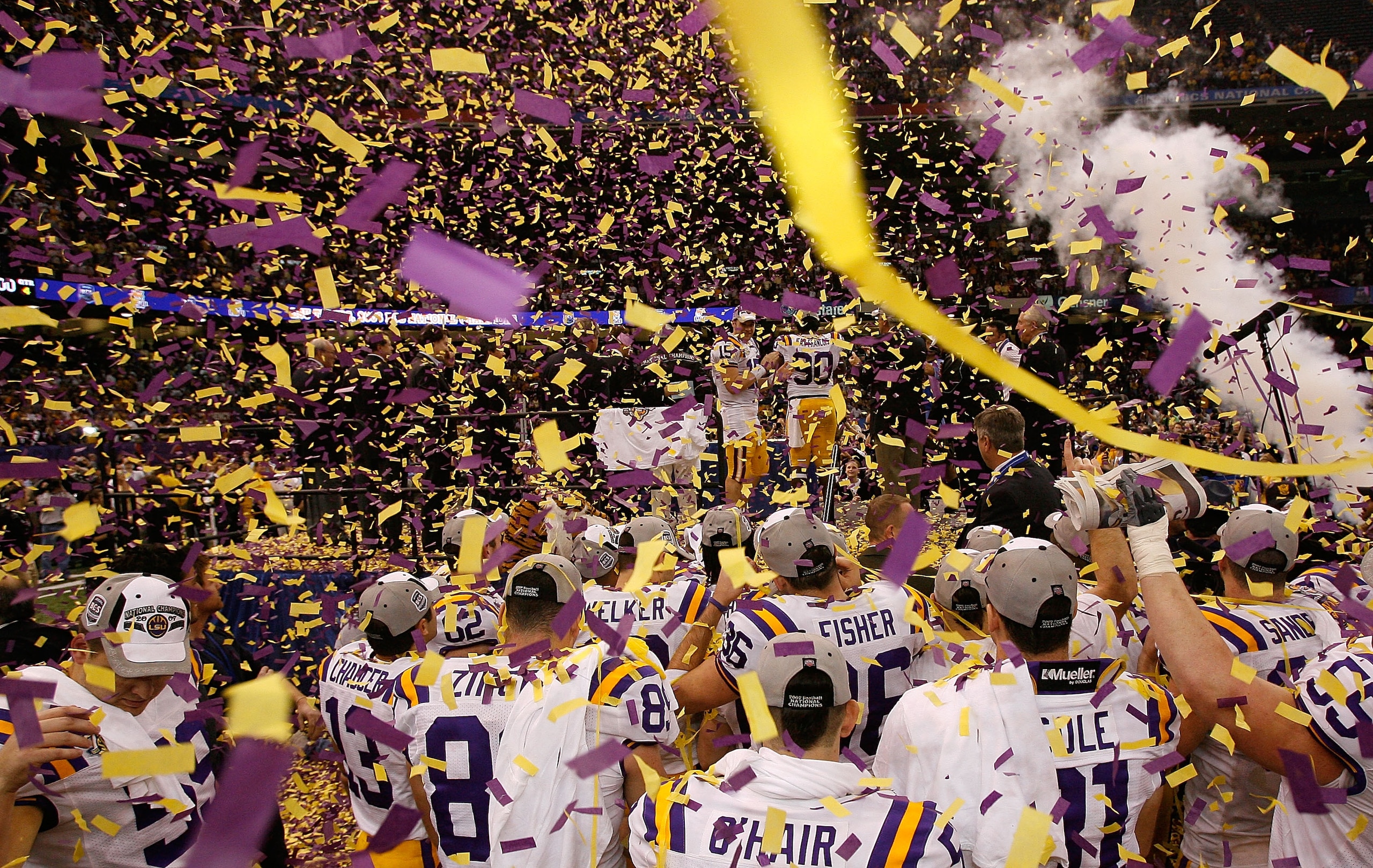 NEW ORLEANS - JANUARY 07:  The Louisiana State University Tigers celebrate defeating the Ohio State Buckeyes 38-24 in the AllState BCS National Championship on January 7, 2008 at the Louisiana Superdome in New Orleans, Louisiana.  (Photo by Chris Graythen