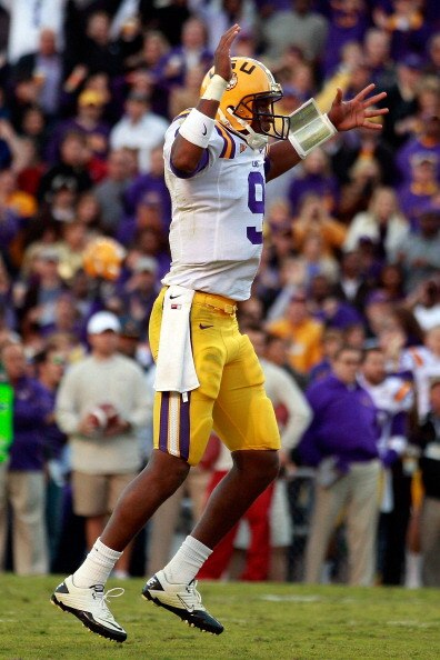 BATON ROUGE, LA - NOVEMBER 06:  Quarterback Jordan Jefferson #9 of the Louisiana State University Tigers celebrates after scoring a touchdown against the Alabama Crimson Tide at Tiger Stadium on November 6, 2010 in Baton Rouge, Louisiana. The Tigers defea