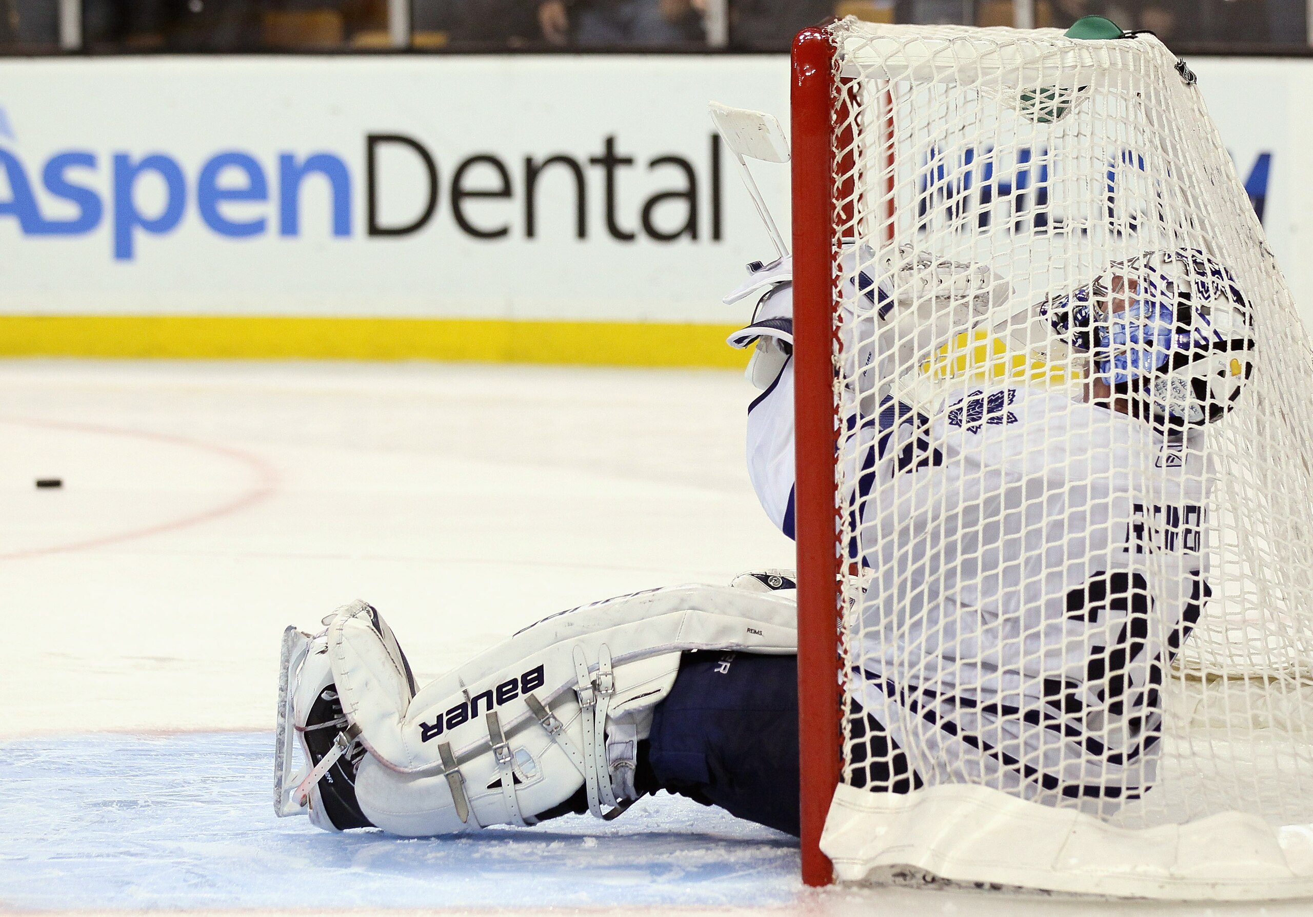 BOSTON, MA - MARCH 31: James Reimer #34 of the Toronto Maple Leafs celebrates the win after the game on March 31, 2011 at the TD Garden in Boston, Massachusetts. The Toronto Maple Leafs defeated the Boston Bruins 4-3 in an overtime shootout.  (Photo by El