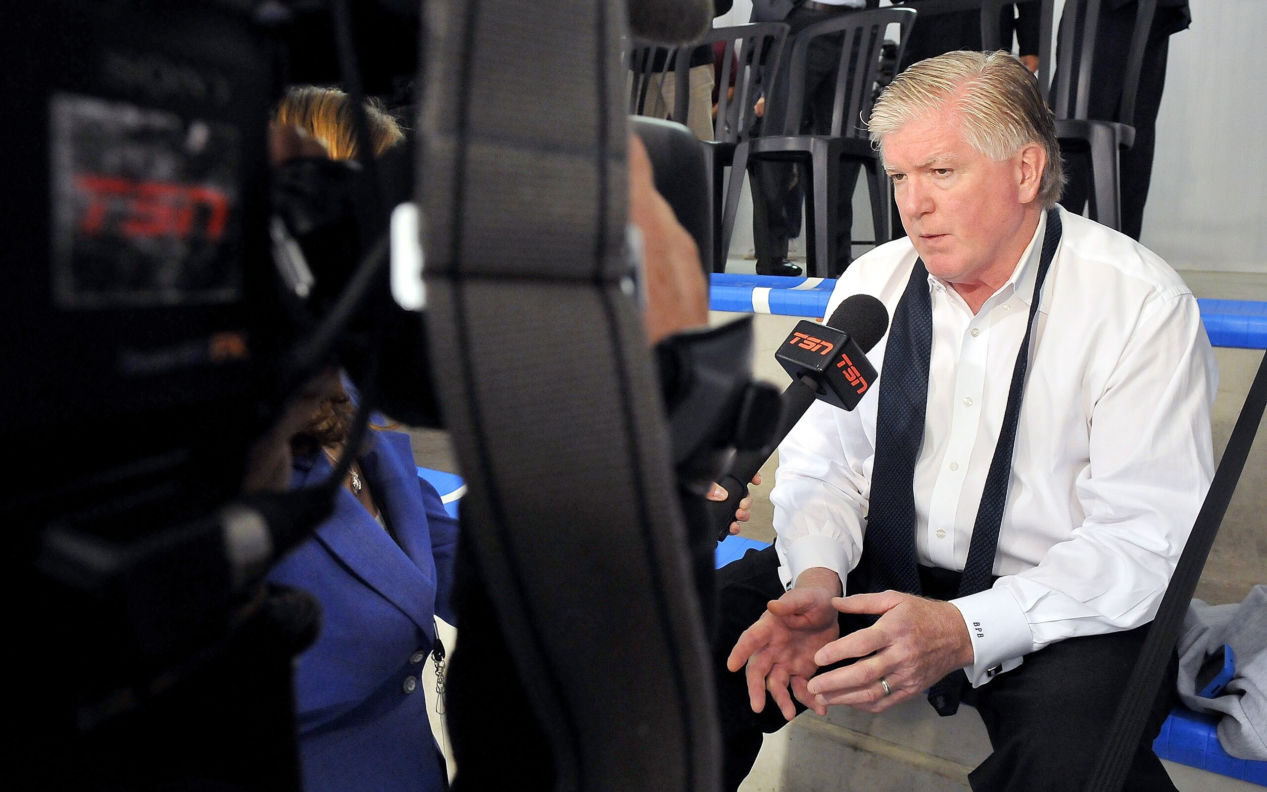 TORONTO, ON - AUGUST 18: Toronto Maple Leafs General Manager Brian Burke speaks to the media during the afternoon session of the 2010 NHL Research, Development and Orientation Camp at the Mastercard Center on August 18, 2010 in Toronto, Canada.  (Photo by