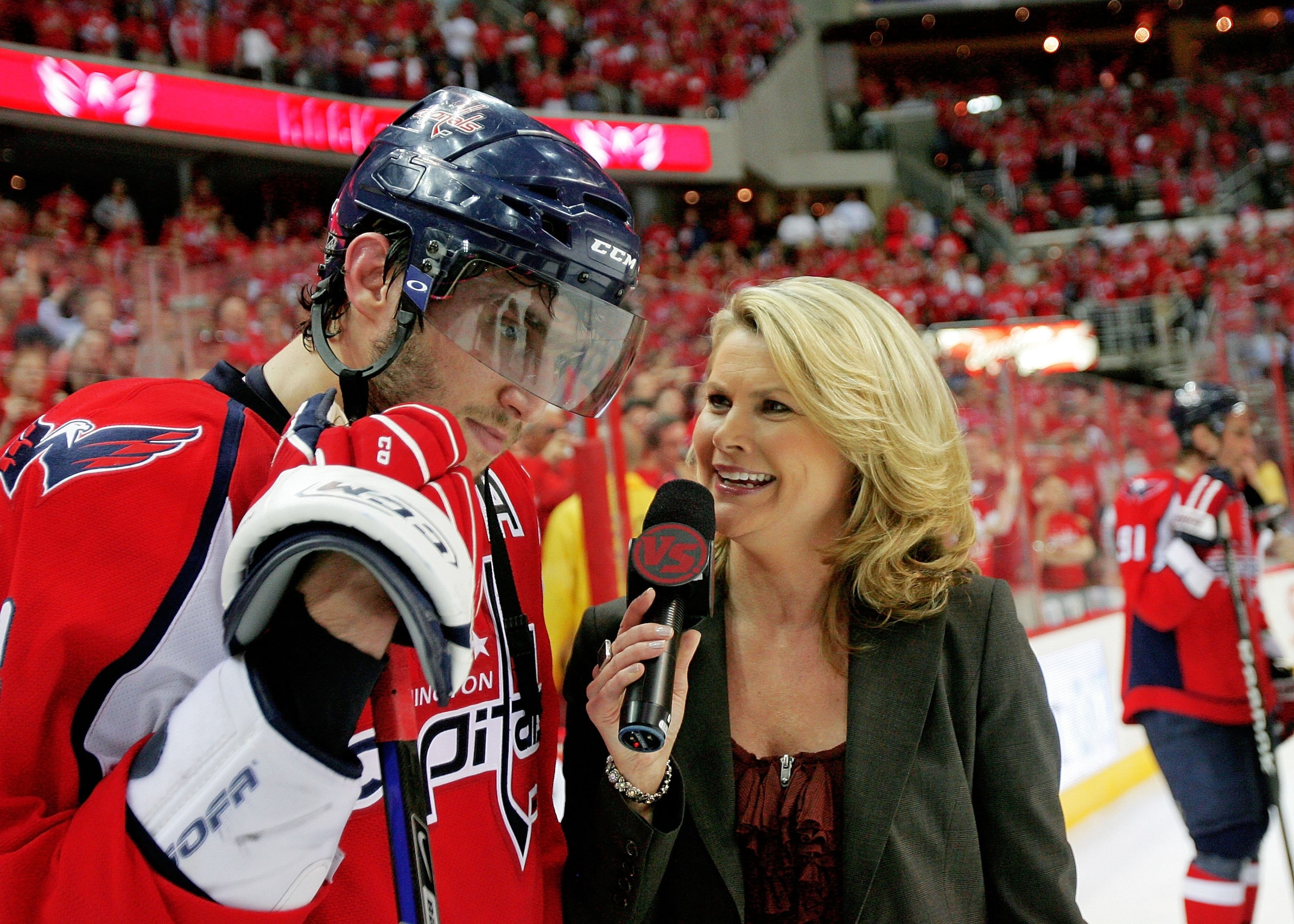 WASHINGTON - APRIL 28:  Alex Ovechkin #8 of the Washington Capitals does a on ice post game interview after defeating the New York Rangers following Game Seven of the Eastern Conference Quarterfinal Round of the 2009 Stanley Cup Playoffs on April 28, 2009