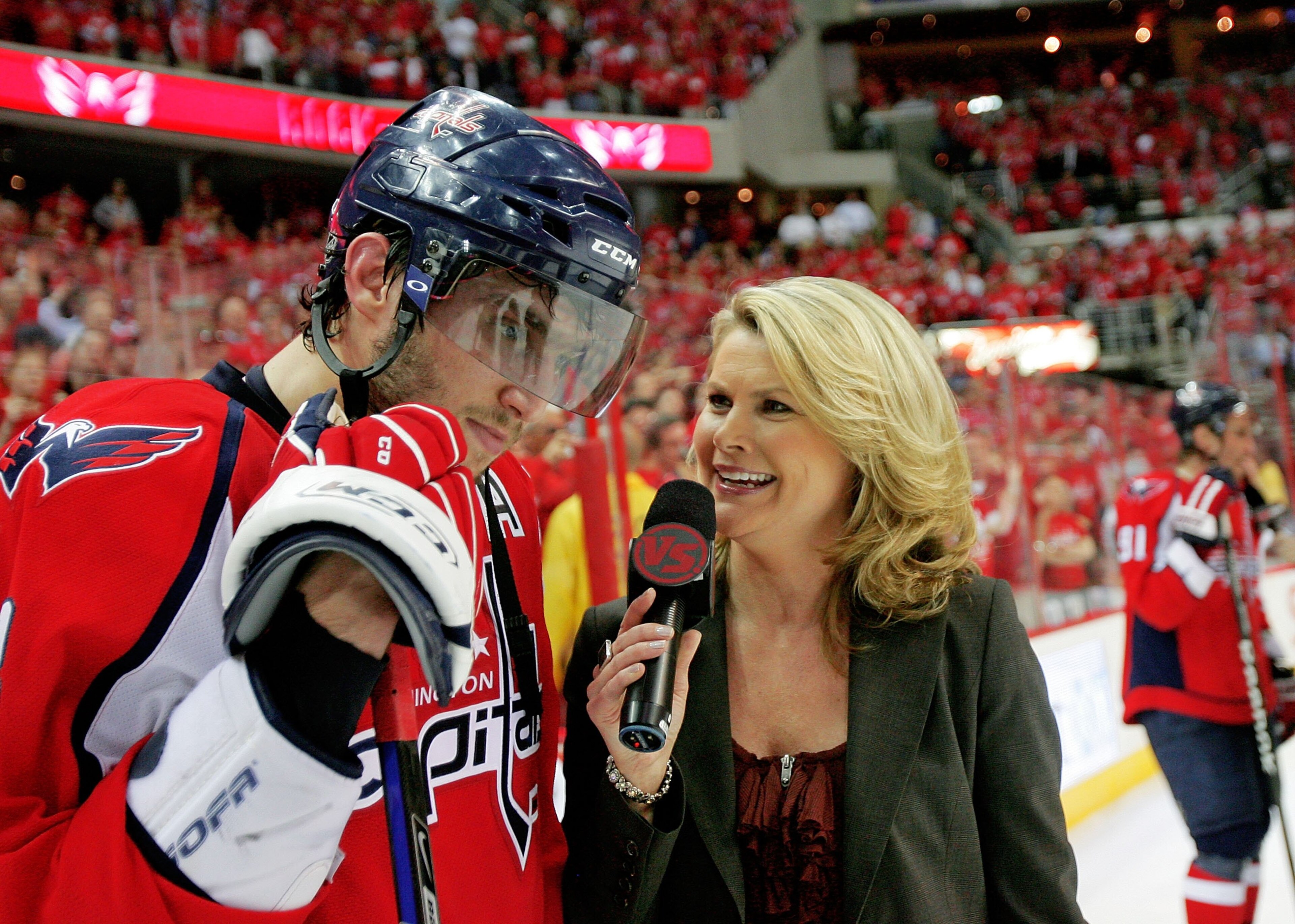 WASHINGTON - APRIL 28: Alex Ovechkin #8 of the Washington Capitals does a on ice post game interview after defeating the New York Rangers following Game Seven of the Eastern Conference Quarterfinal Round of the 2009 Stanley Cup Playoffs on April 28, 2009 WASHINGTON - APRIL 28: Alex Ovechkin #8 of the Washington Capitals does a on ice post game interview after defeating the New York Rangers following Game Seven of the Eastern Conference Quarterfinal Round of the 2009 Stanley Cup Playoffs on April 28, 2009