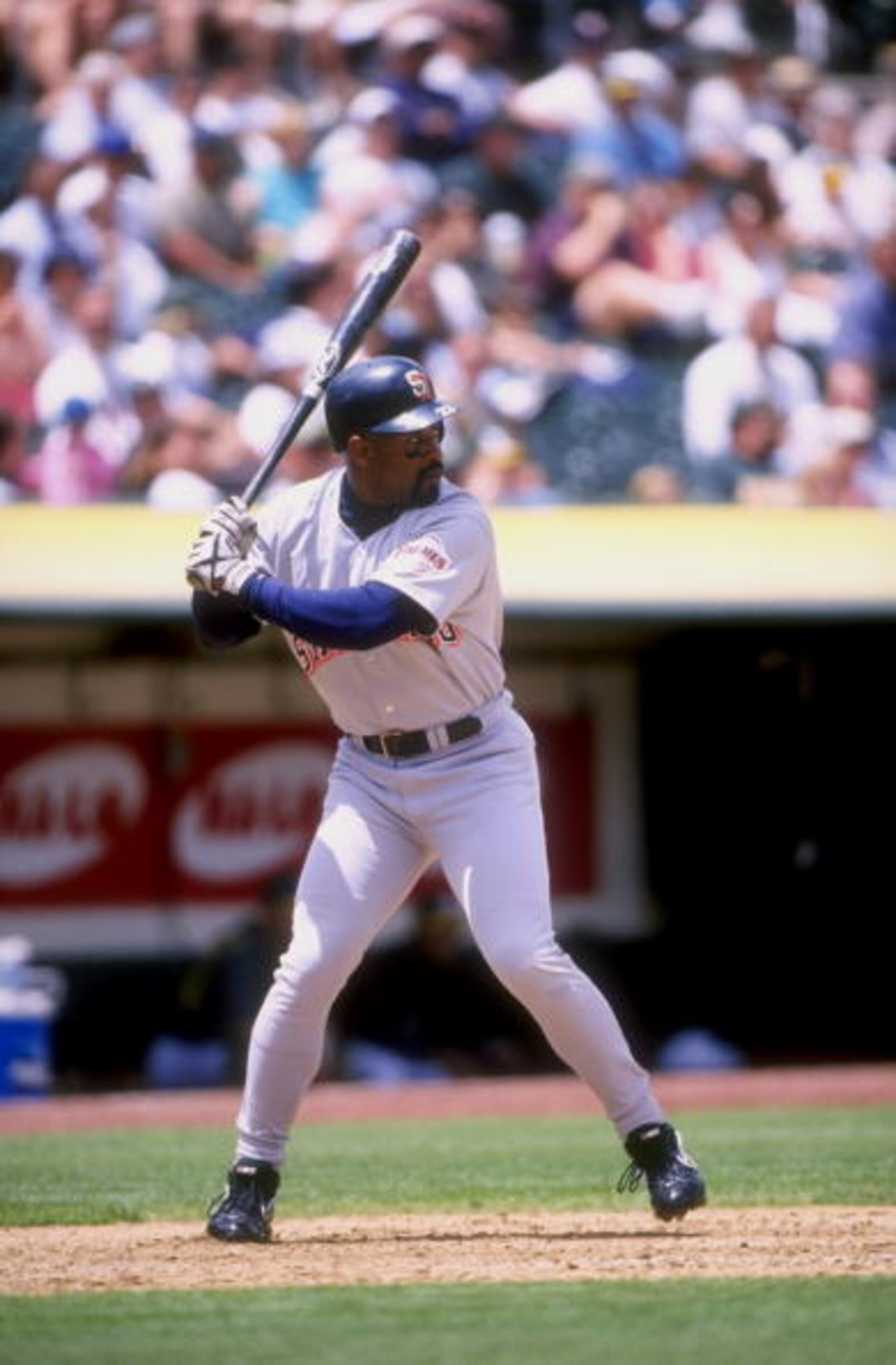 30 Jun 1998:  Outfielder Greg Vaughn #23 of the San Diego Padres in action during an interleague game against the Oakland Athletics at Oakland Coliseum in Oakland, California.  The Athletics won the game,  12-10. Mandatory Credit: Otto Greule Jr.  /Allspo