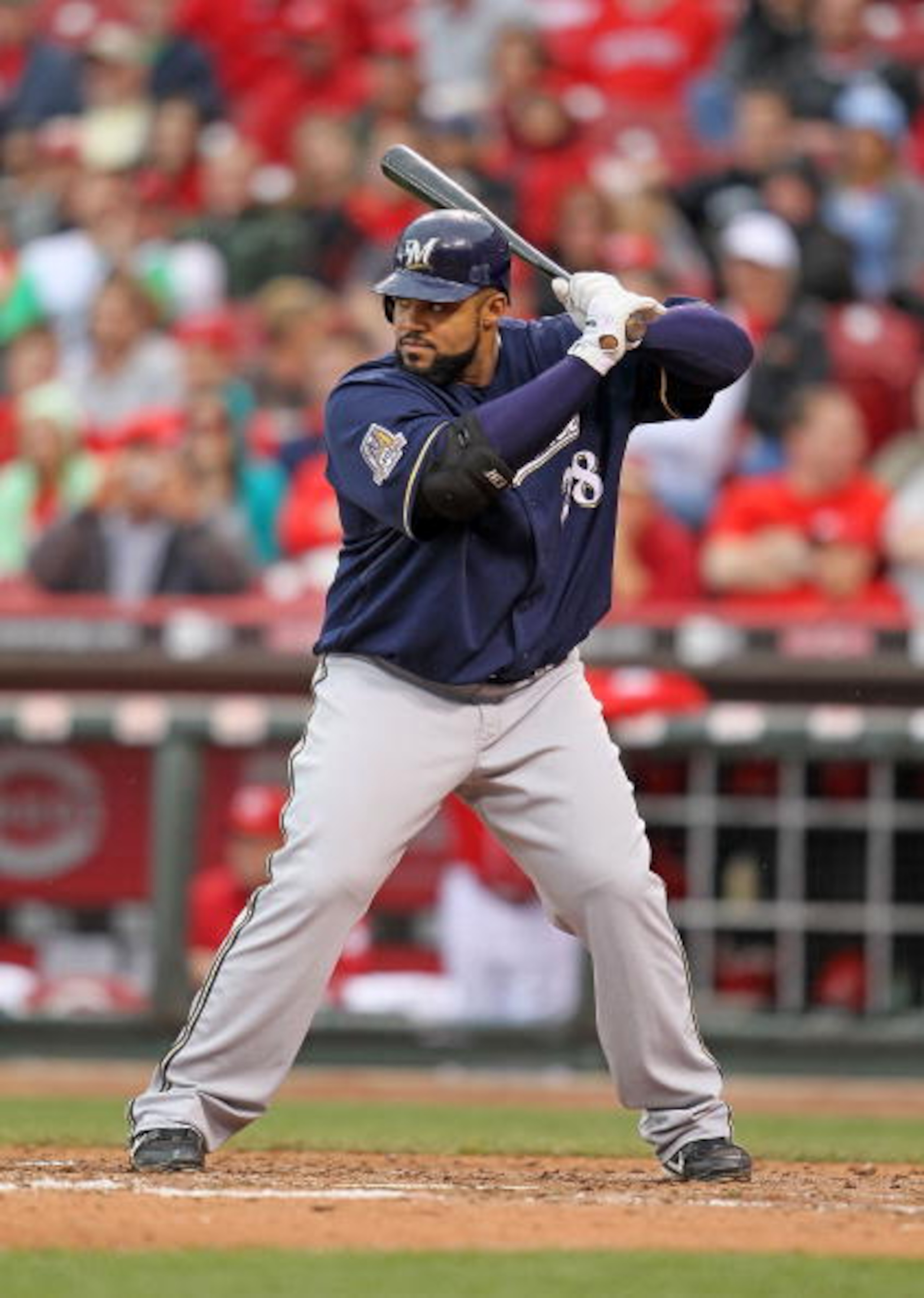 CINCINNATI - MAY 18:  Prince Fielder #28 of the Milwaukee Brewers is at bat during the game against the Cincinnati Reds at Great American Ball Park on May 18, 2010 in Cincinnati, Ohio.  (Photo by Andy Lyons/Getty Images)