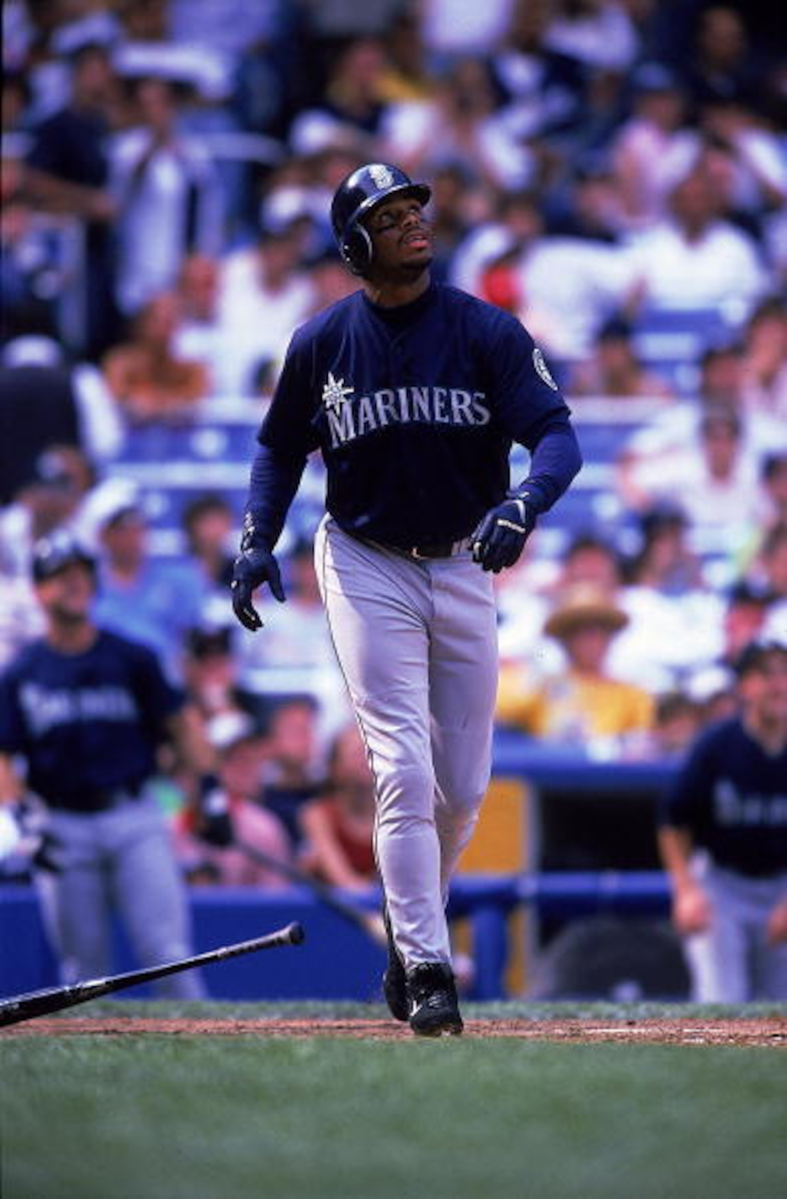 30 Aug 1998:  Ken Griffey Jr. #24 of the Seattle Mariners watches the ball after hitting his 47th home run during the game against the New York Yankees at the Yankee Stadium in the Bronx, New York. The Yankees defeated the Mariners 11-6. Mandatory Credit: