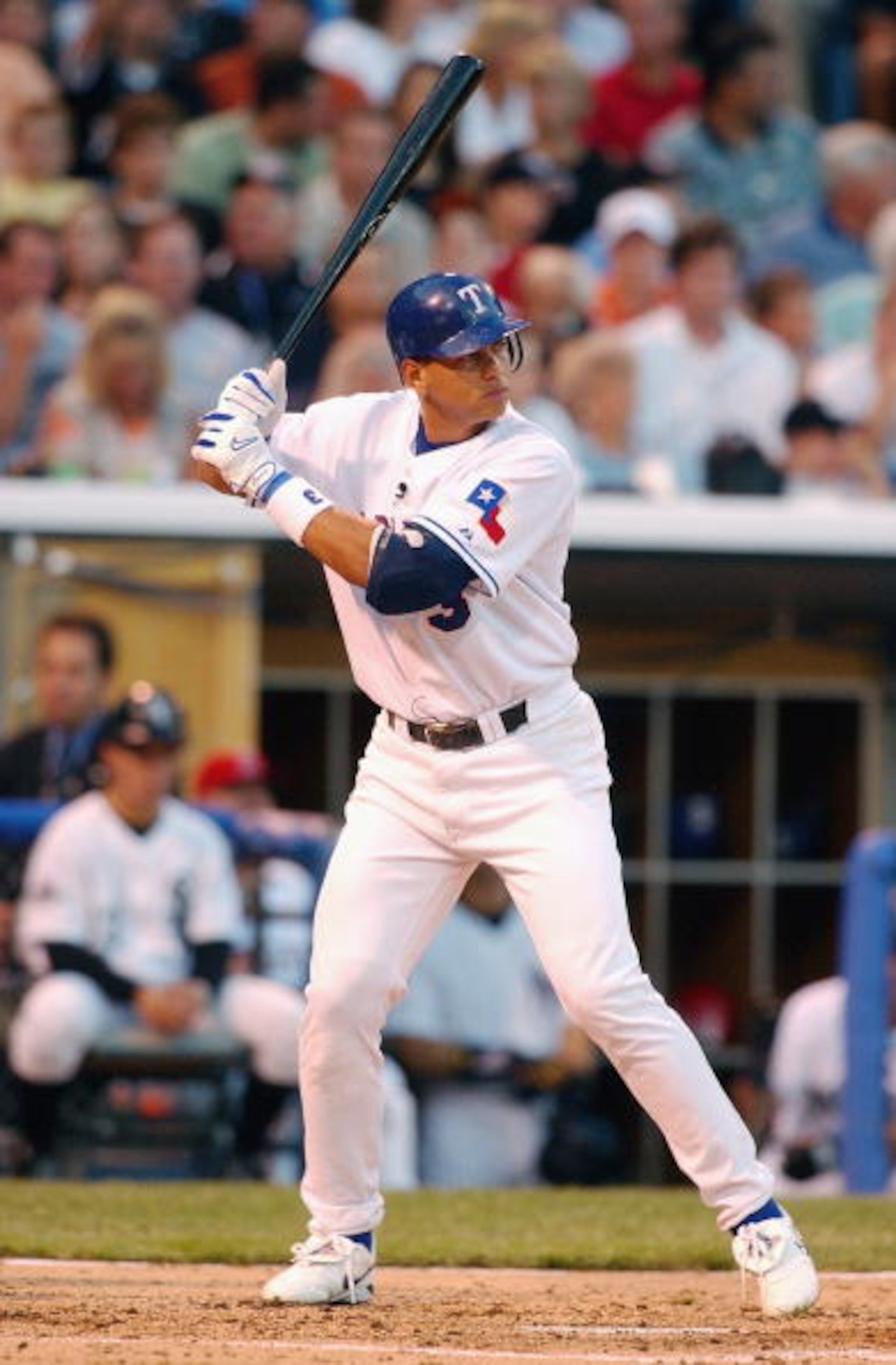 CHICAGO - JULY 15:  American League All-Star shortstop Alex Rodriguez #3 of the Texas Rangers waits for the National League All-Star pitch during the 74th Major League Baseball All-Star Game at US Cellular Field on July 15, 2003 in Chicago, Illinois.  The