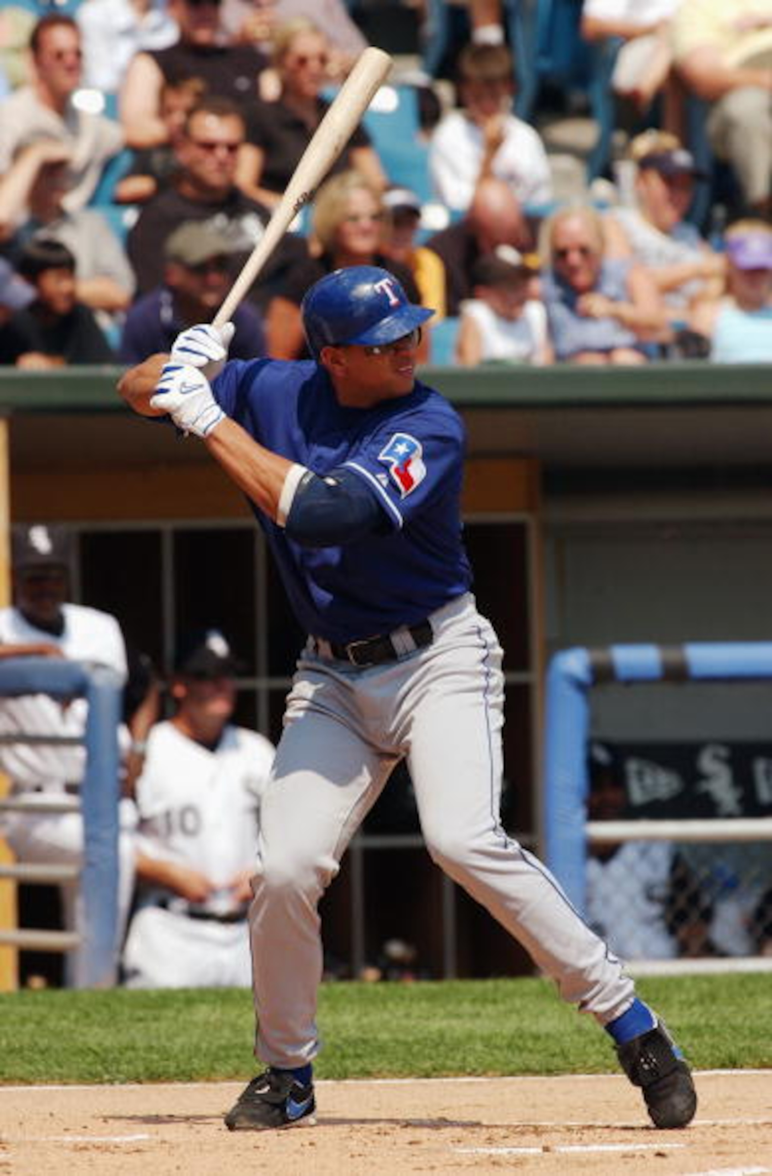 CHICAGO - AUGUST 24:  Short stop Alex Rodriguez #3 of the Texas Rangers readies for the pitch during the game against the Chicago White Sox on August 24, 2003 at U.S. Cellular Field in Chicago, Illinois. The Rangers defeated the White Sox 5-0. (Photo by J