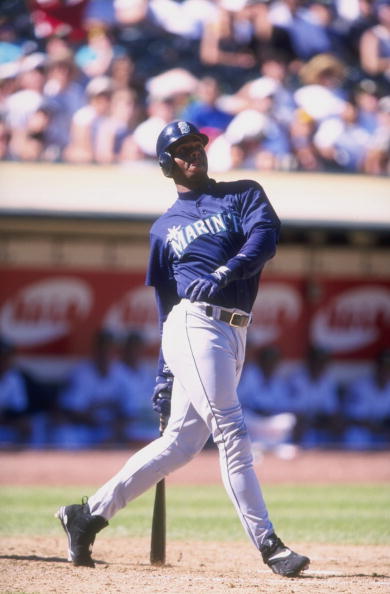 21 Sep 1997:  Outfielder Ken Griffey Jr. of the Seattle Mariners in action during a game against the Oakland A''s at the UMAX Coliseum in Oakland, California.  The Mariners defeated the A''s 9-2. Mandatory Credit: David Seelig  /Allsport