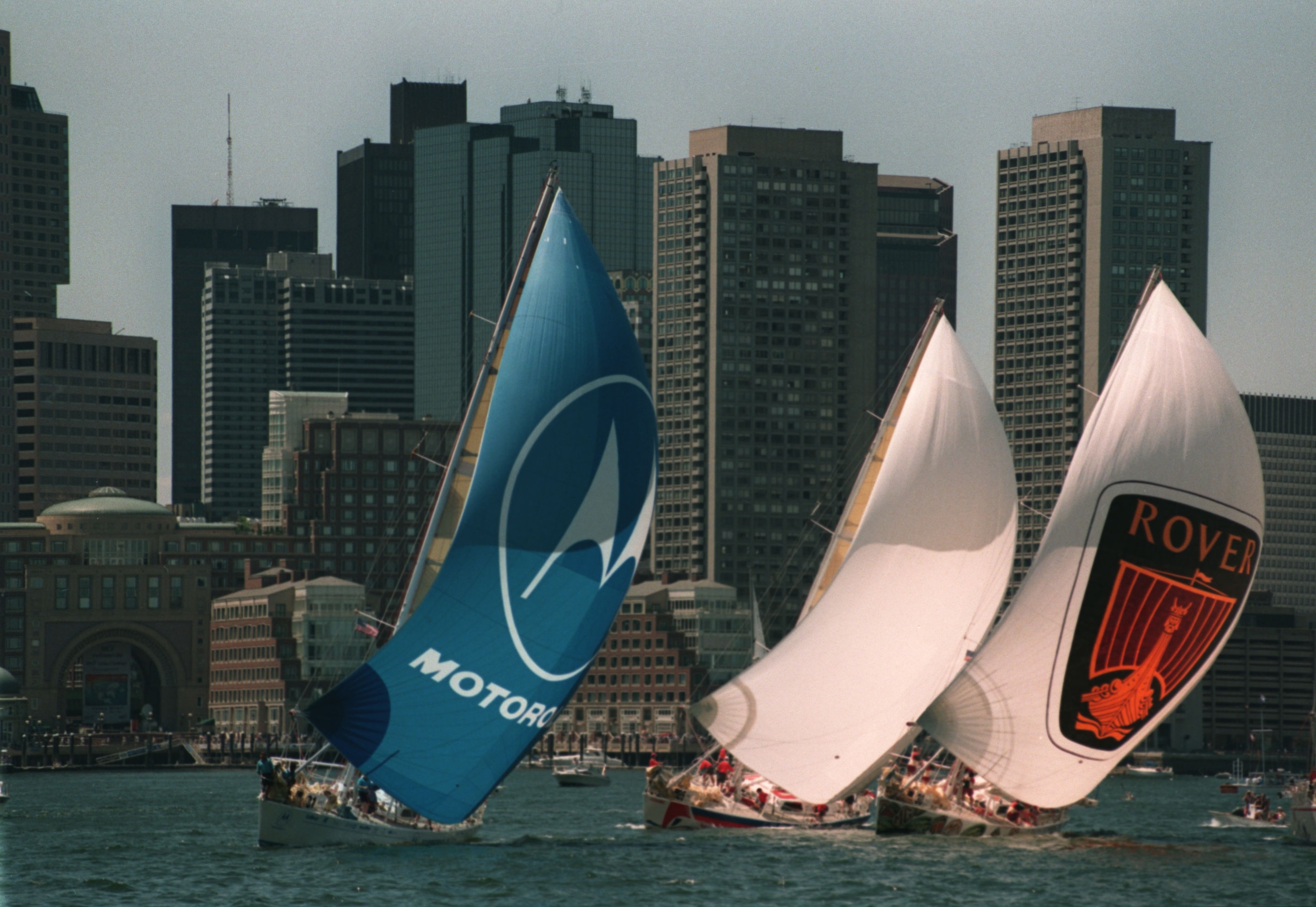 29 Jun 1997:  (left to right) Motorola, Toshiba and Ocean Rover reach out of Boston Harbour at the start of leg 6 of the BT Global Challenge in Boston, America. Mandatory Credit:  Stephen Munday/Allsport