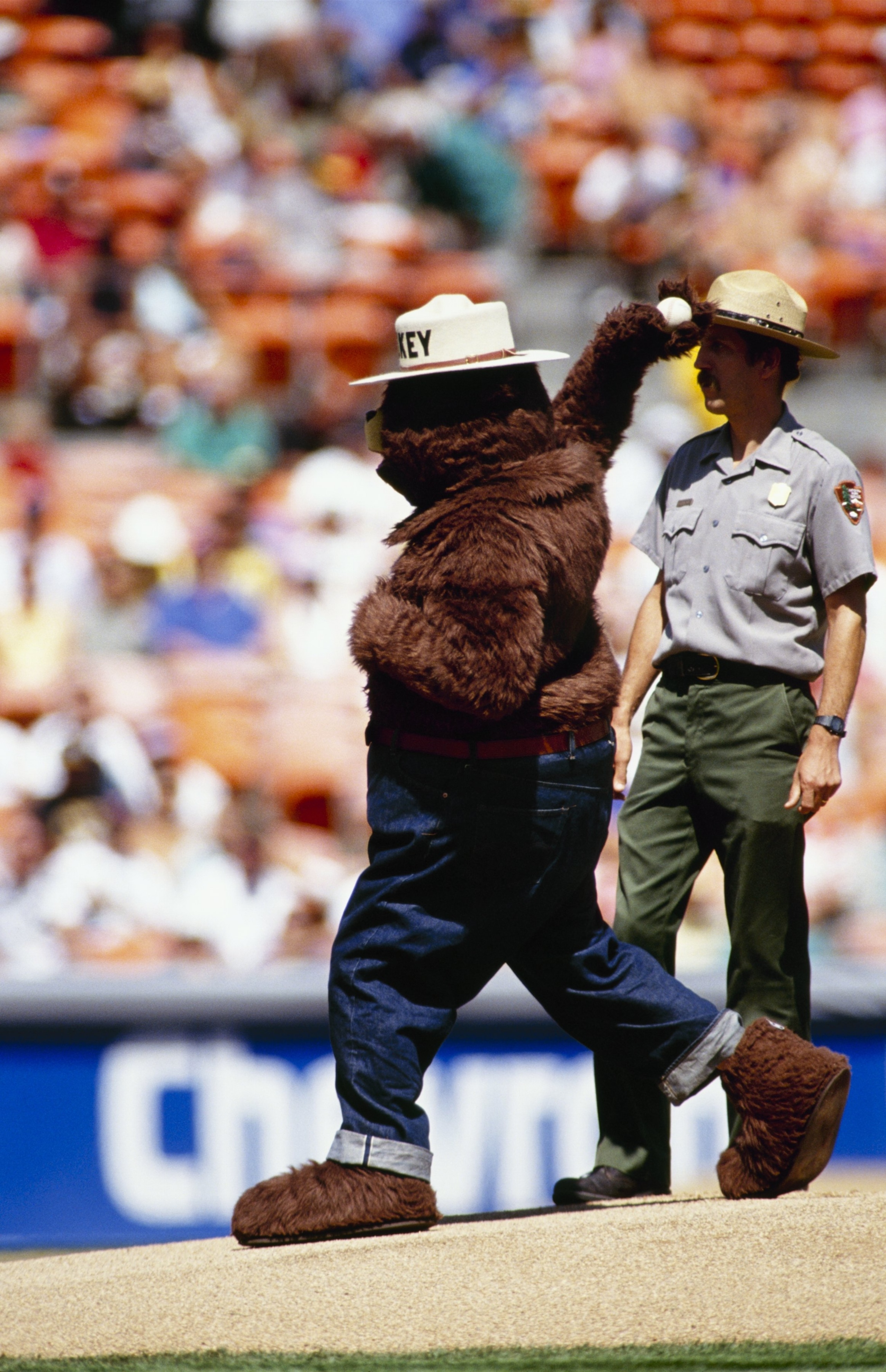 OAKLAND, CA - 1991:  Smokey the Bear throws out the first pitch before a 1991 Boston Red Sox game against the Oakland Athletics at Oakland Coliseum in Oakland, California. (Photo by Otto Greule Jr/Getty Images)