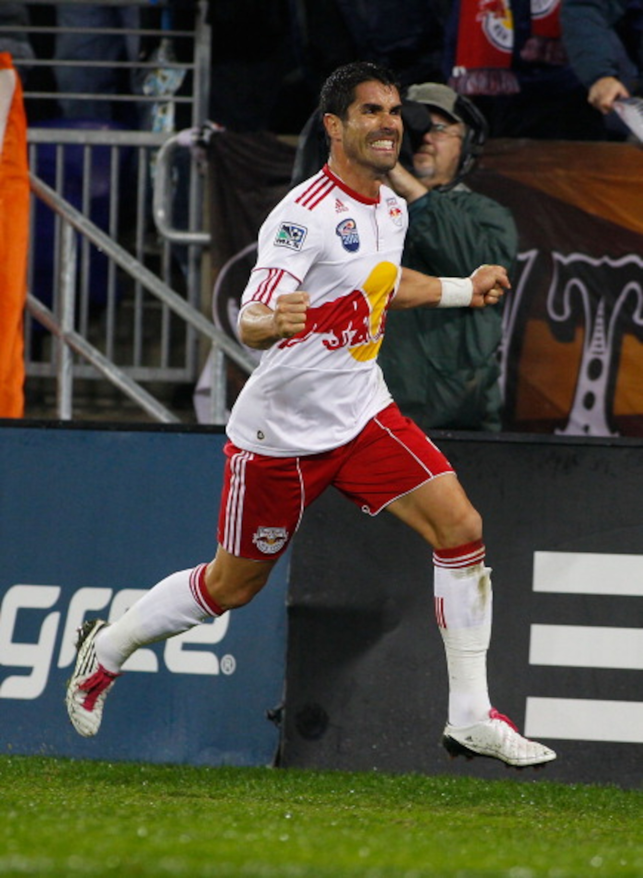 HARRISON, NJ - NOVEMBER 04:  Juan Pablo Angel #9 of the New York Red Bulls celebrates after scoring a second-half goal against the San Jose Earthquakes during the 2nd Leg of the MLS playoffs on November 4, 2010 at Red Bull Arena in Harrison, New Jersey.