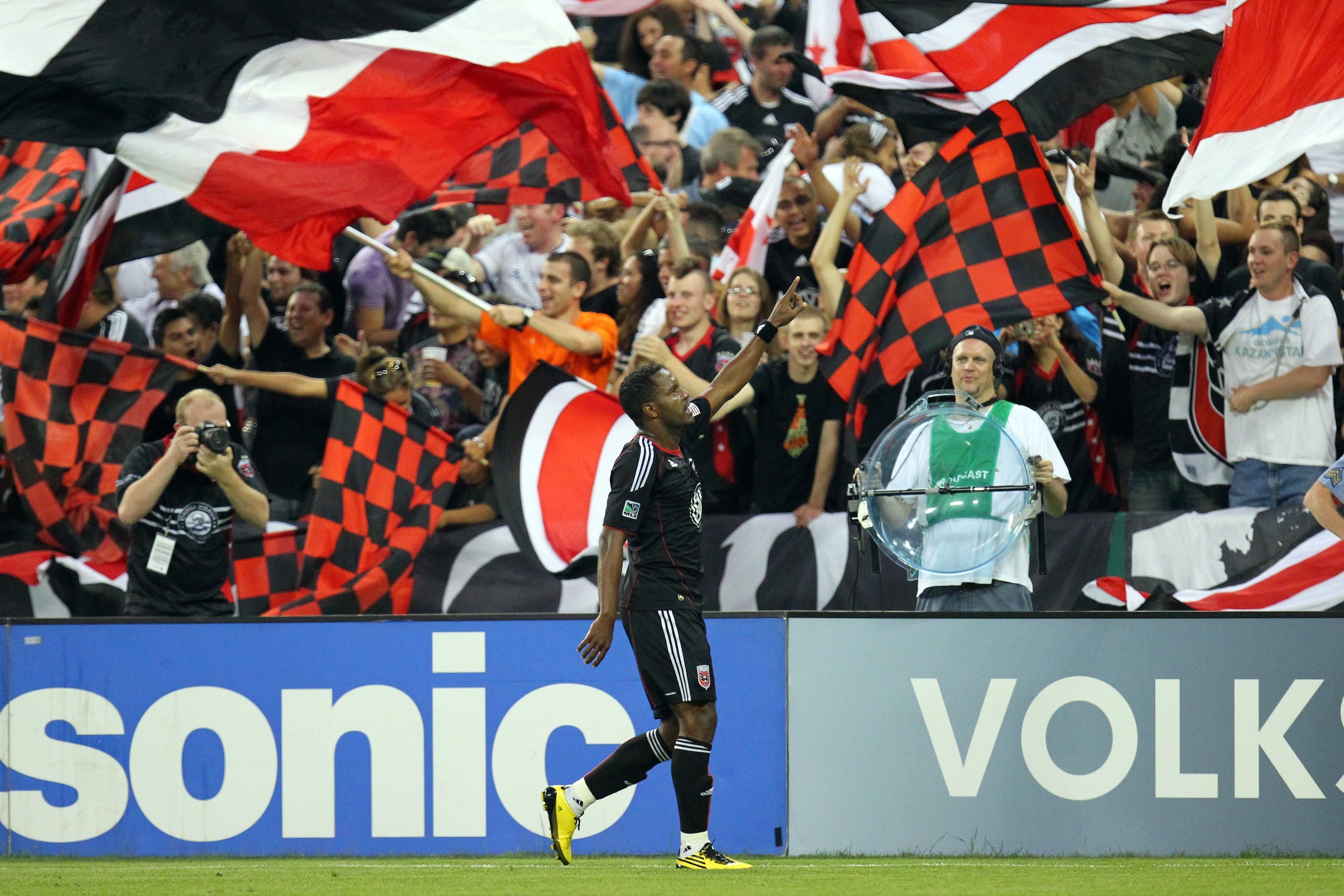 WASHINGTON - MAY 26: Luciano Emilio #11 of D.C. United celebrates after a goal against A.C. Milan at RFK Stadium on May 26, 2010 in Washington, DC. D.C. United won 3-2. (Photo by Ned Dishman/Getty Images)