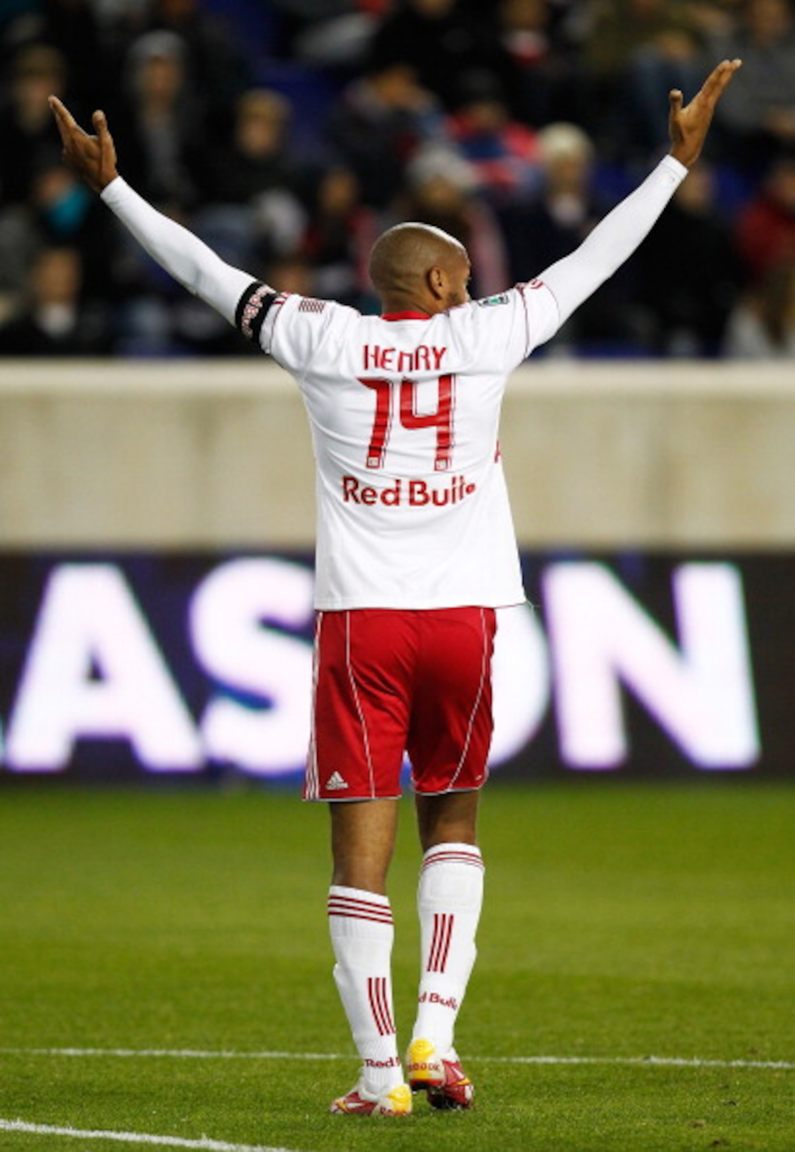 HARRISON, NJ - APRIL 02:  Thierry Henry #14 of the New York Red Bulls reacts during their game against the Houston Dynamo at Red Bull Arena on April 2, 2011 in Harrison, New Jersey.  (Photo by Jeff Zelevansky/Getty Images)