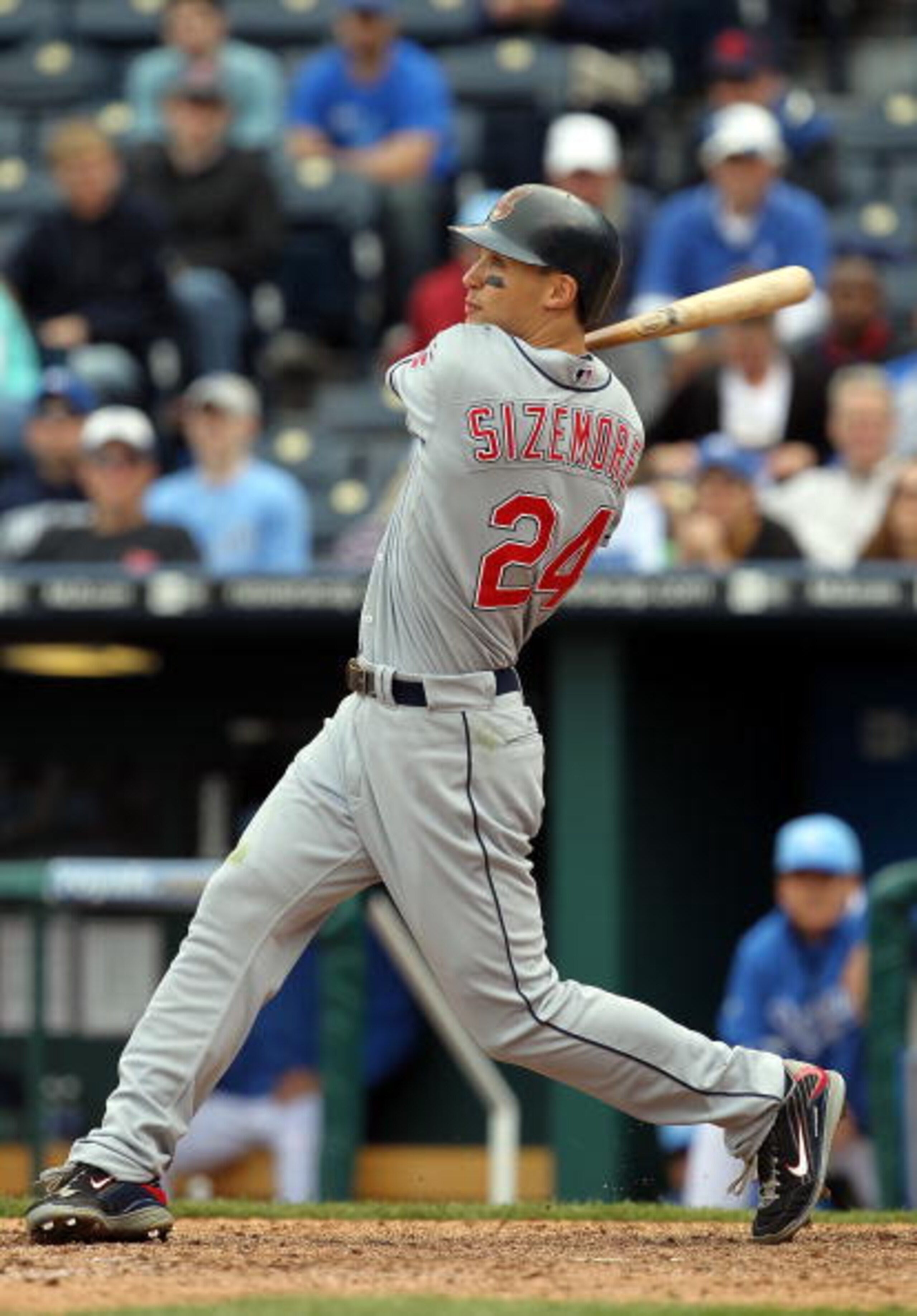 KANSAS CITY, MO - MAY 13:  Grady Sizemore #24 of the Cleveland Indians bats during the game against the Kansas City Royals on May 13, 2010 at Kauffman Stadium in Kansas City, Missouri.  (Photo by Jamie Squire/Getty Images)