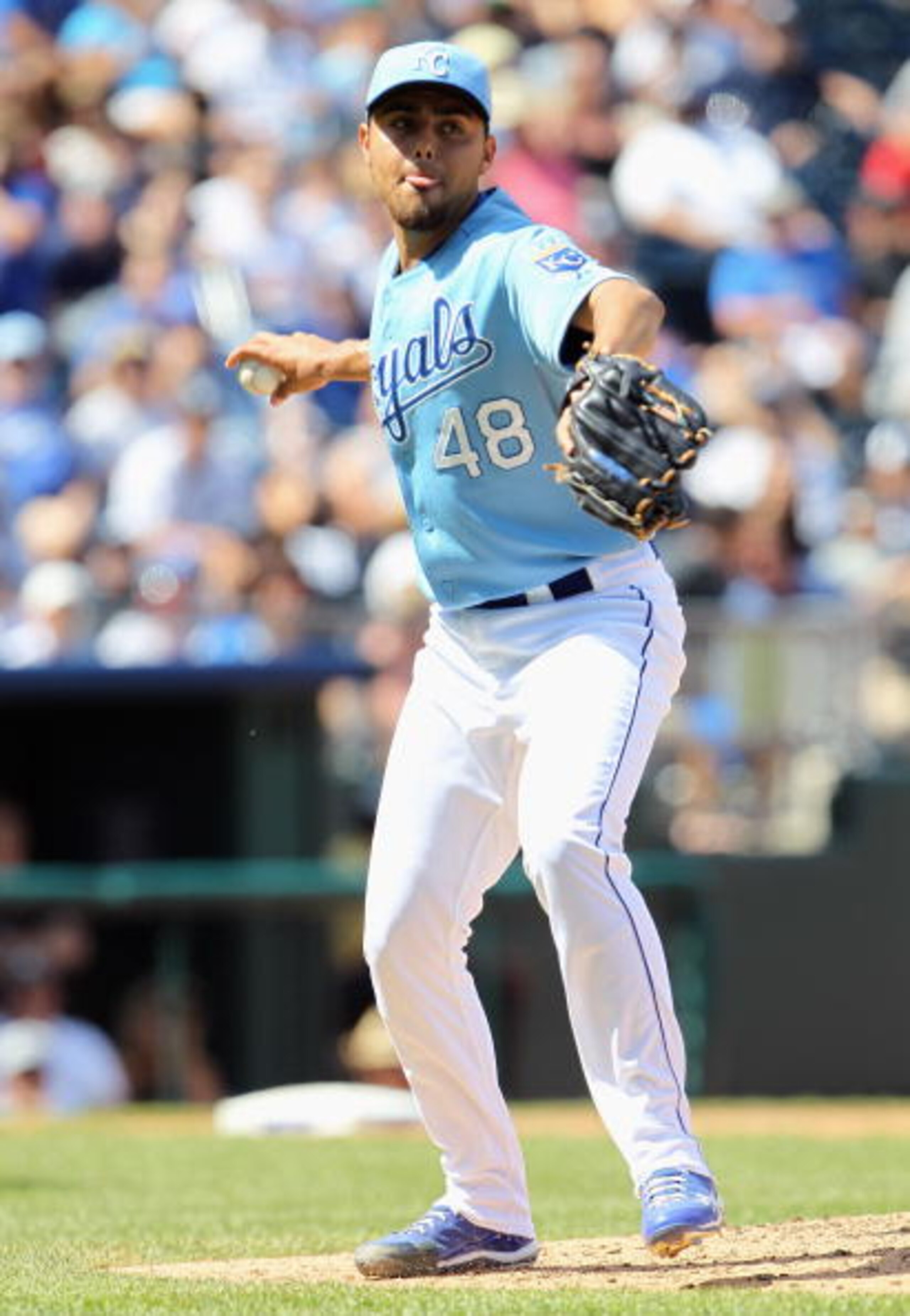 KANSAS CITY, MO - AUGUST 15:  Pitcher Joakim Soria #48 of the Kansas City Royals  in action during the game against the New York Yankees on August 15, 2010 at Kauffman stadium in Kansas City, Missouri.  (Photo by Jamie Squire/Getty Images)