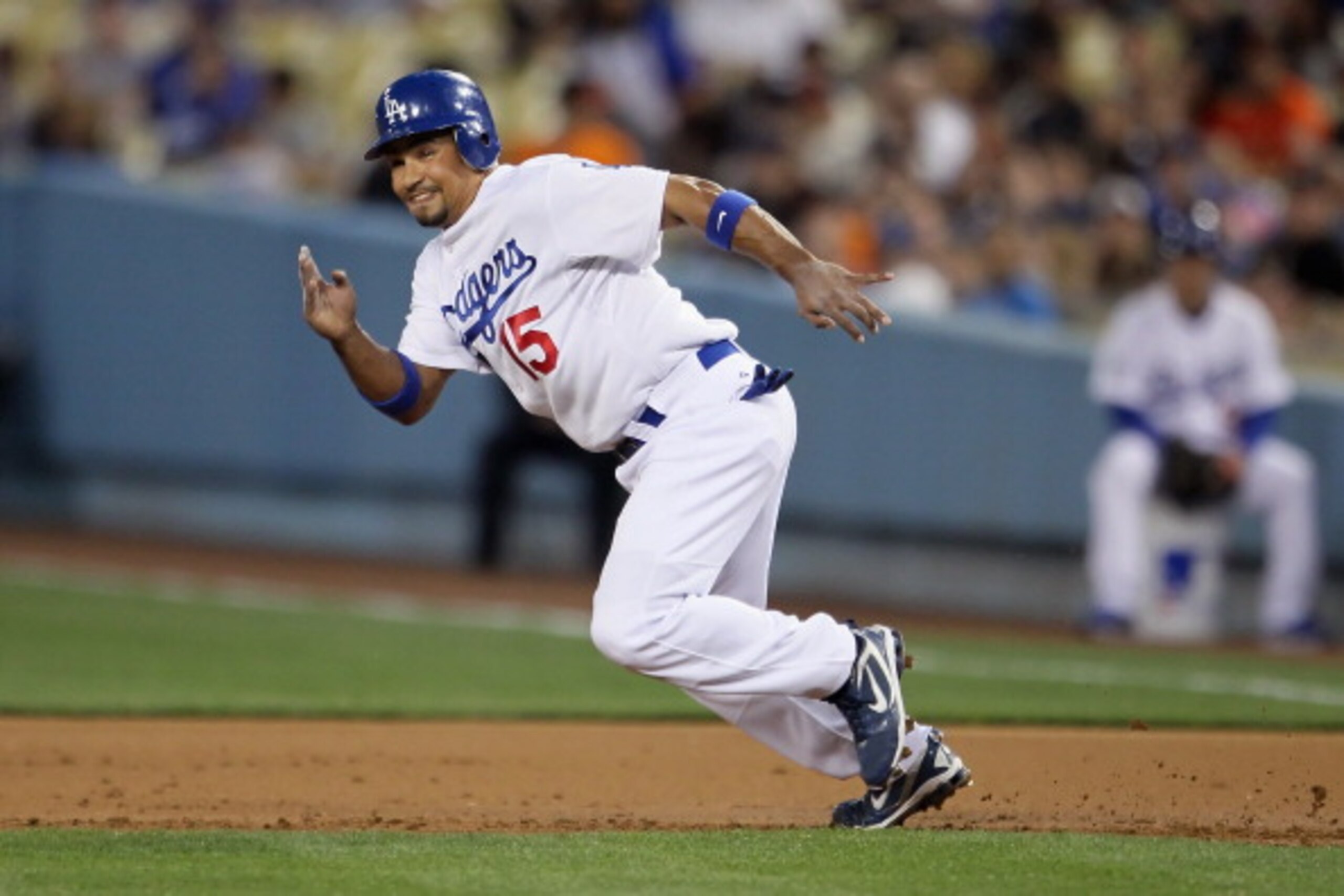 LOS ANGELES, CA - APRIL 01:  Rafael Furcal #15 of the Los Angeles Dodgers runs to second base against the San Francisco Giants at Dodger Stadium on April 1, 2011 in Los Angeles, California.  (Photo by Jeff Gross/Getty Images)