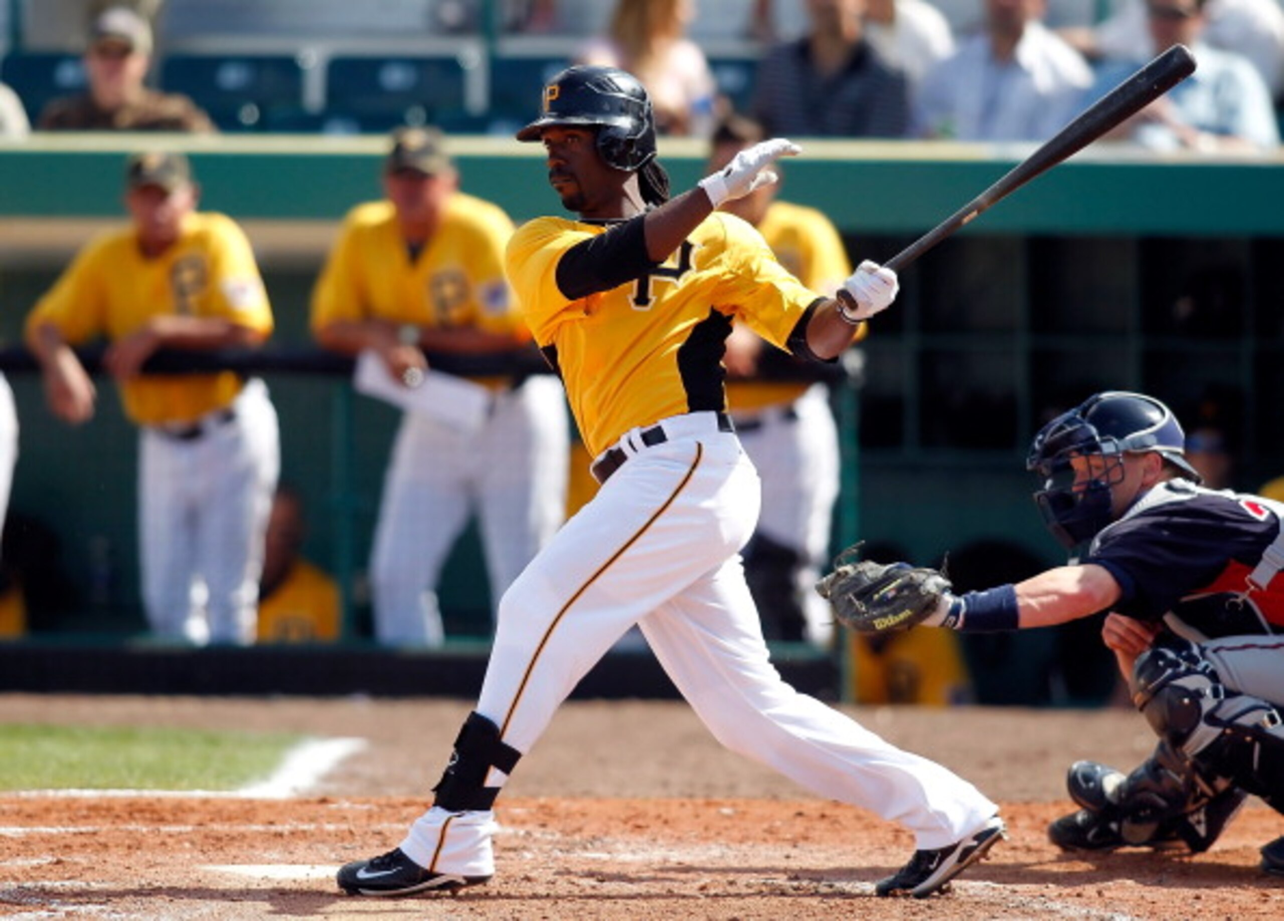 BRADENTON, FL - MARCH 02:  Outfielder Andrew McCutchen #22 of the Pittsburgh Pirates fouls off a pitch against the Minnesota Twins during a Grapefruit League Spring Training Game at McKechnie Field on March 2, 2011 in Bradenton, Florida.  (Photo by J. Mer
