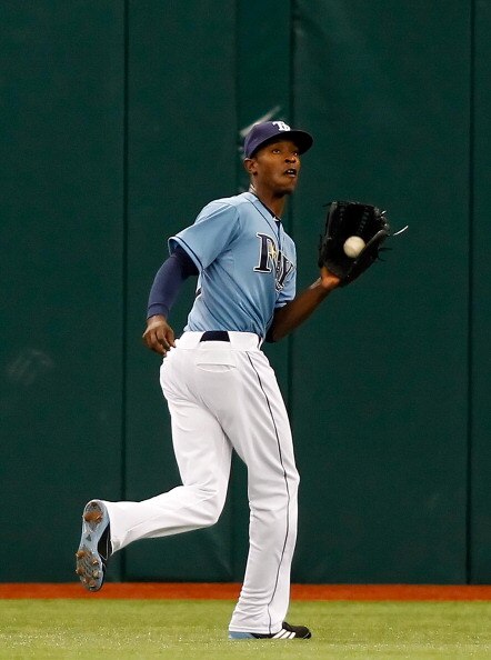 ST. PETERSBURG, FL - APRIL 03:  Outfielder B.J. Upton #2 of the Tampa Bay Rays catches a fly ball against the Baltimore Orioles during the game at Tropicana Field on April 3, 2011 in St. Petersburg, Florida.  (Photo by J. Meric/Getty Images)