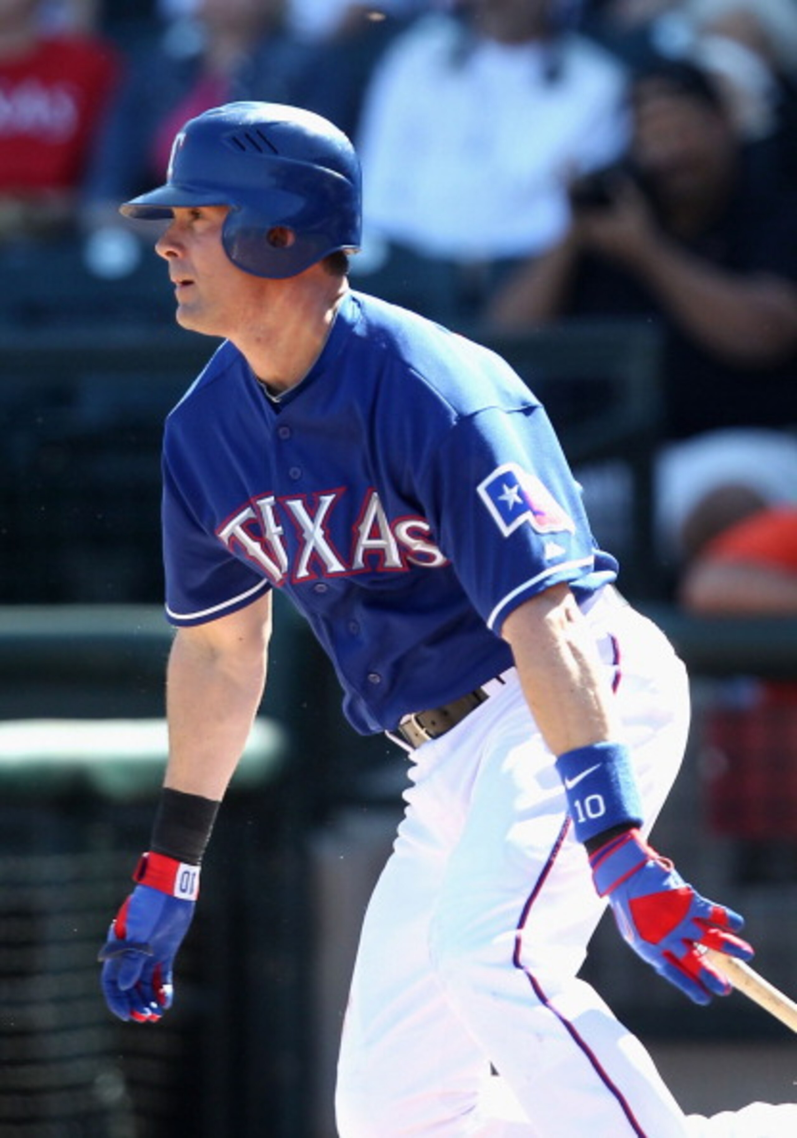 SURPRISE, AZ - MARCH 02:  Michael Young #10 of the Texas Rangers bats during the spring training game against the Los Angeles Angels of Anaheim at Surprise Stadium on March 2, 2011 in Surprise, Arizona.  (Photo by Christian Petersen/Getty Images)