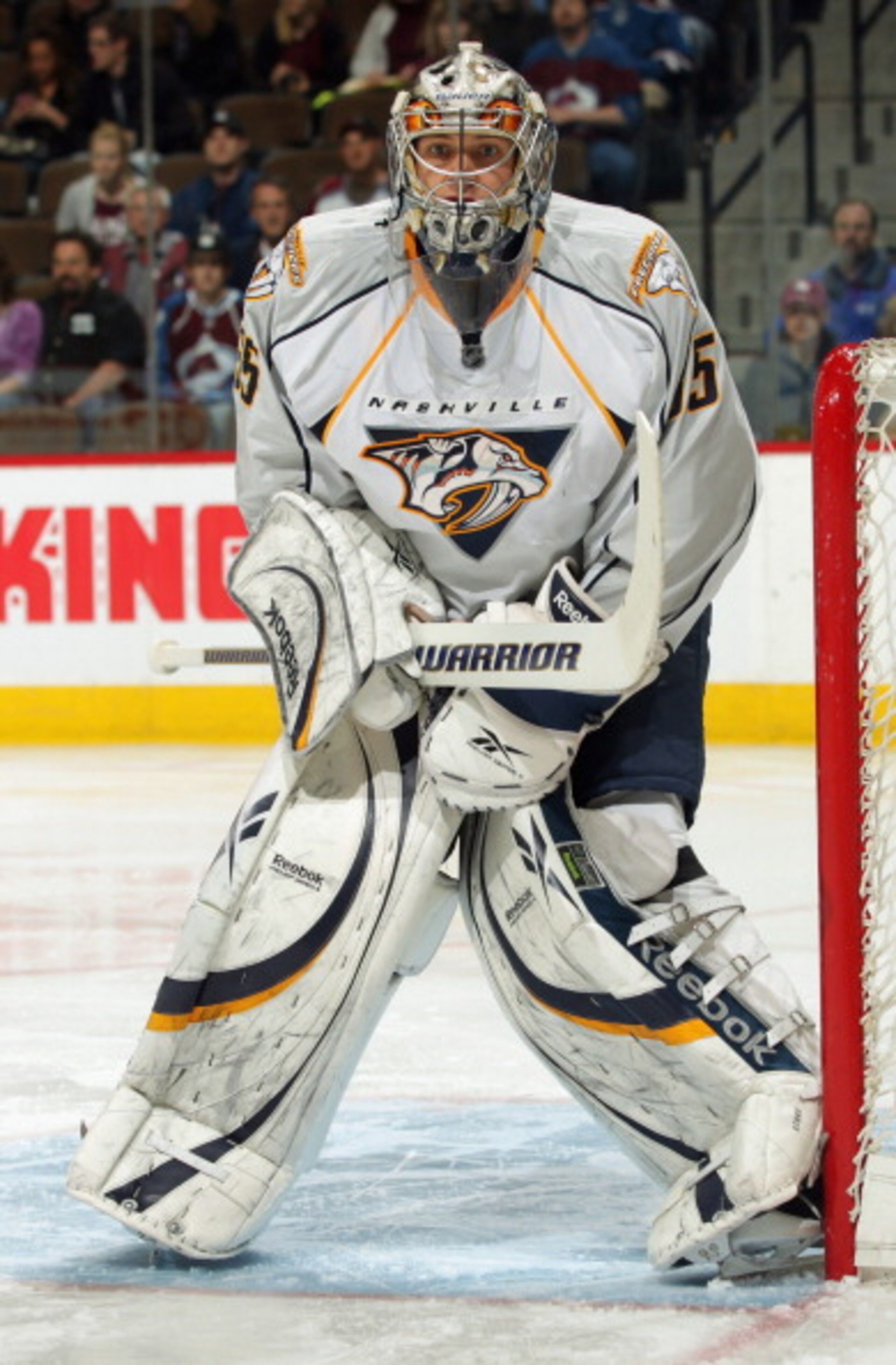 DENVER, CO - MARCH 31:  Goalie Pekka Rinne #35 of the Nashville Predators defends the goal against the Colorado Avalanche at the Pepsi Center on March 31, 2011 in Denver, Colorado. Rinne had 27 saves as the Nashville Predators defeated the Colorado Avalan