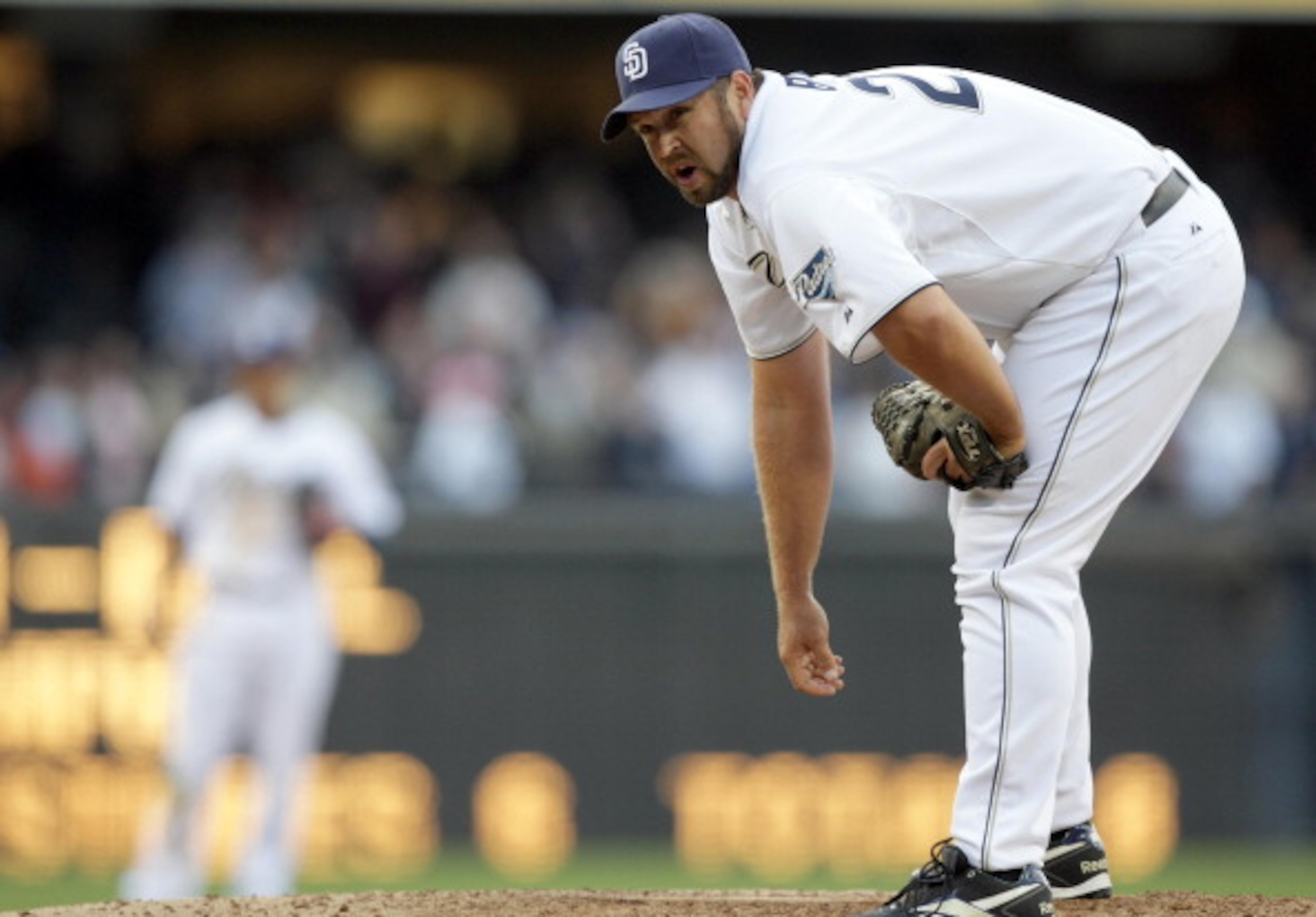 SAN DIEGO, CA - APRIL 5:  Closer Heath Bell #21 of the San Diego Padres looks on from the mound in the 9th inning against the San Francisco Giants during their MLB Game at Petco Park on April 5, 2011 in San Diego, California. Bell got the save with the Pa