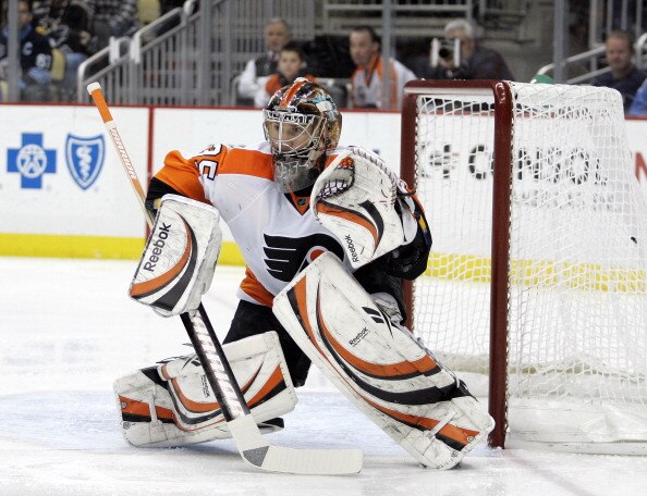 PITTSBURGH, PA - MARCH 29:  Sergei Bobrovsky #35 of the Philadelphia Flyers protects the net against the Pittsburgh Penguins at Consol Energy Center on March 29, 2011 in Pittsburgh, Pennsylvania.  (Photo by Justin K. Aller/Getty Images)