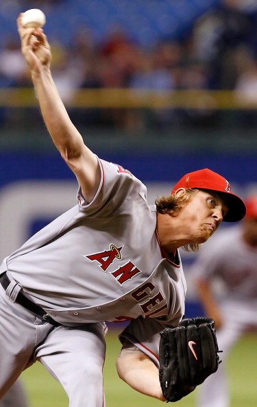 ST PETERSBURG, FL - APRIL 05:  Jered Weaver #36 of the Los Angeles Angels of Anaheim pitches against the Tampa Bay Rays during the game at Tropicana Field on April 5, 2011 in St. Petersburg, Florida.  (Photo by J. Meric/Getty Images)
