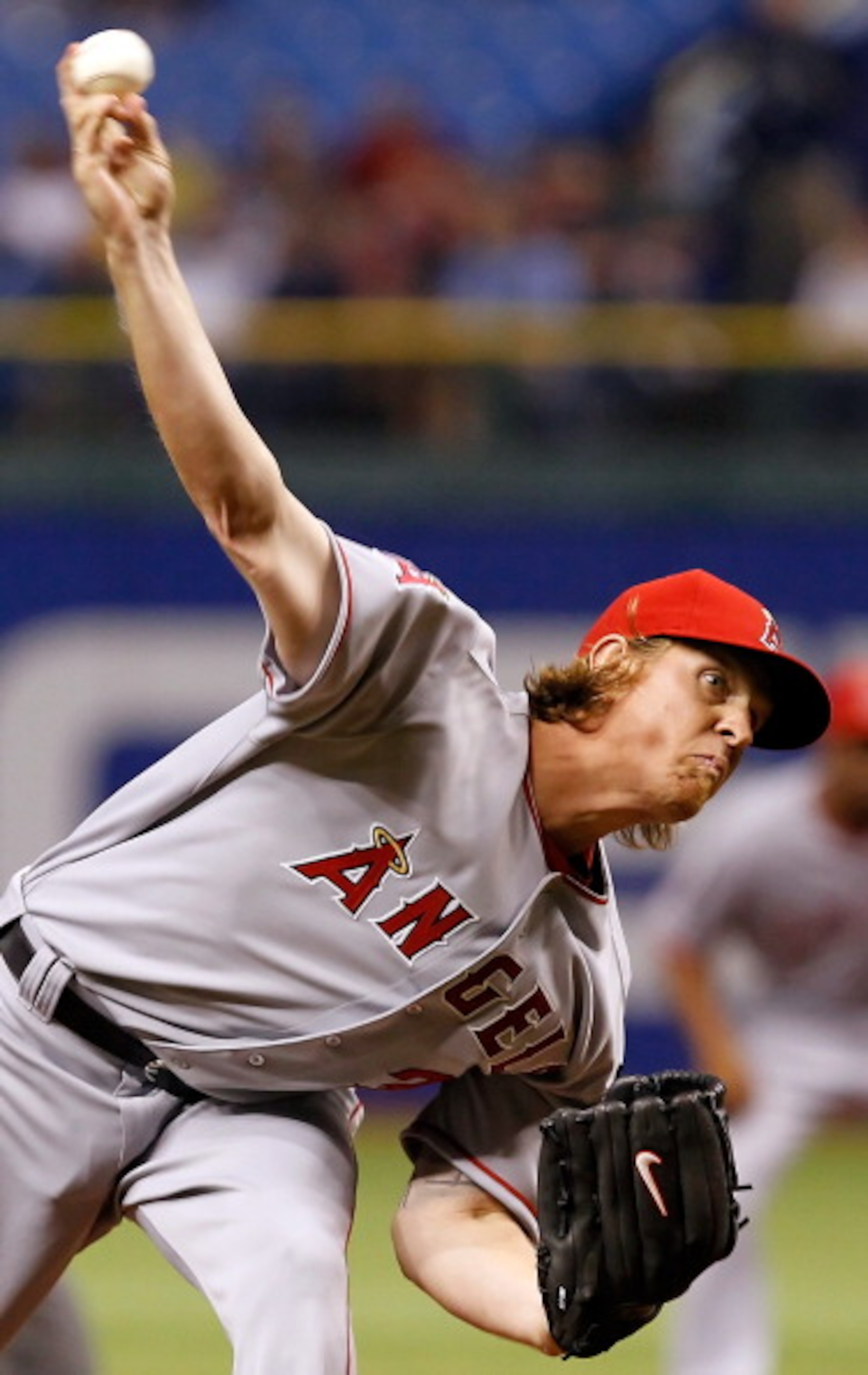 ST PETERSBURG, FL - APRIL 05:  Jered Weaver #36 of the Los Angeles Angels of Anaheim pitches against the Tampa Bay Rays during the game at Tropicana Field on April 5, 2011 in St. Petersburg, Florida.  (Photo by J. Meric/Getty Images)