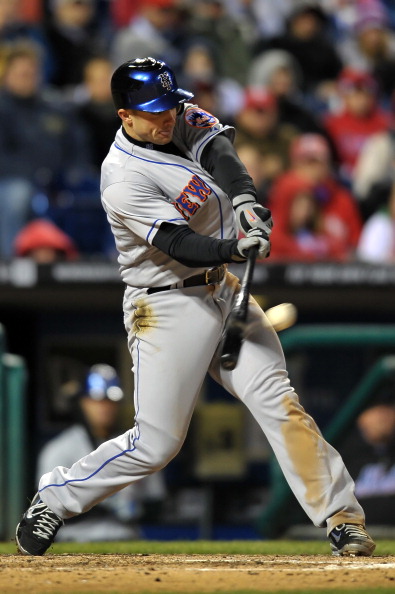 PHILADELPHIA, PA - APRIL 05: David Wright #5 of the New York Mets hits a double in the sixth inning during the game against the Philadelphia Phillies at Citizens Bank on April 5, 2011 in Philadelphia, Pennsylvania. The Mets won 7-1. (Photo by Drew Hallowe