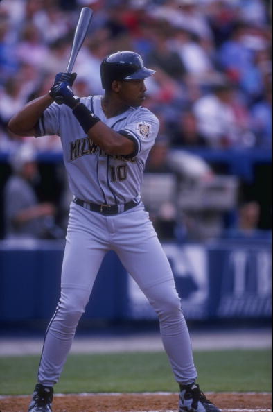 31 Mar 1998:  Marc Newfield #10 of the Milwaukee Brewers in action during a game against the Atlanta Braves at Turner Field in Atlanta, Georgia. The Braves defeated the Brewers 2-1. Mandatory Credit: Andy Lyons  /Allsport