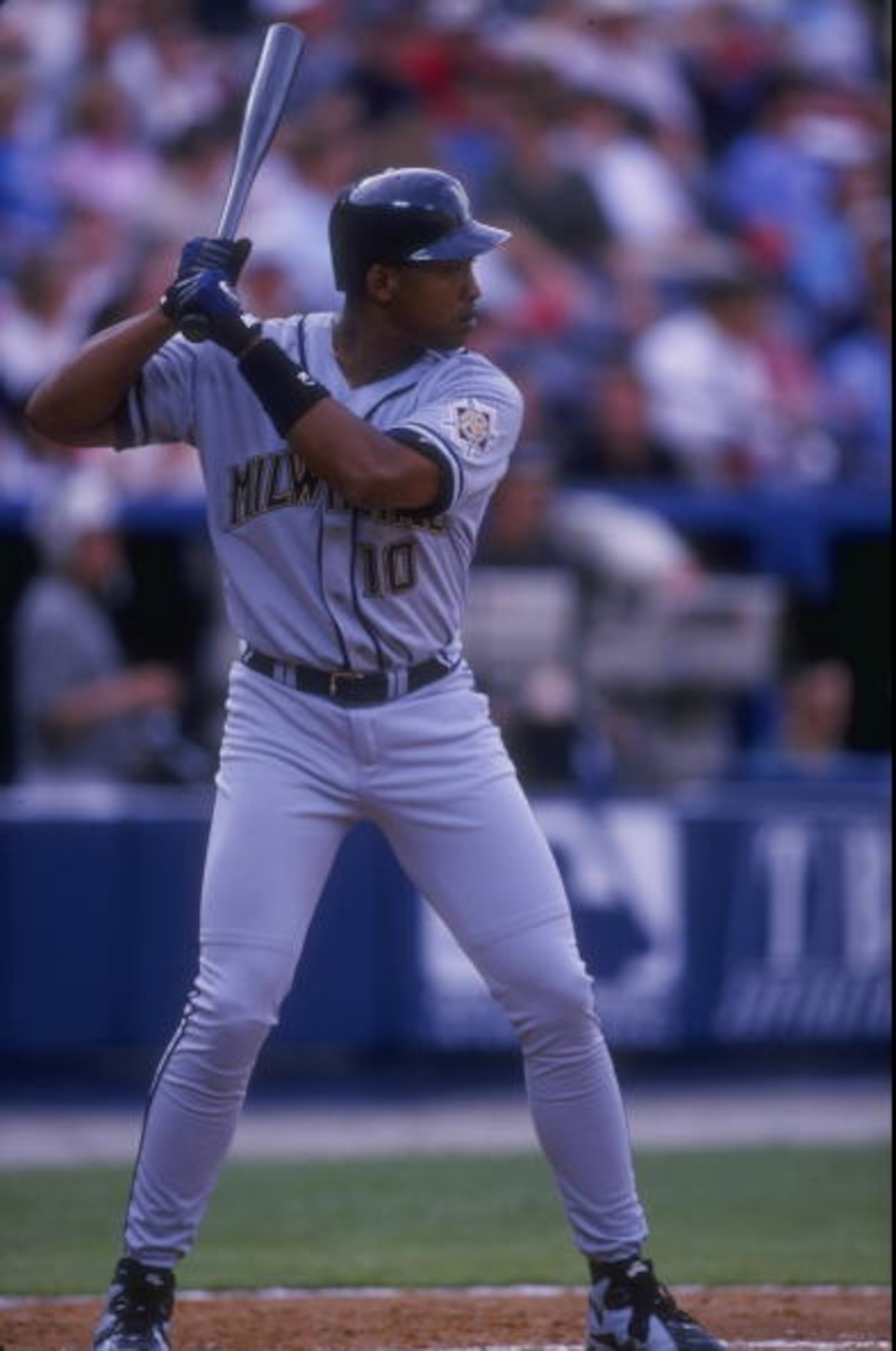 31 Mar 1998:  Marc Newfield #10 of the Milwaukee Brewers in action during a game against the Atlanta Braves at Turner Field in Atlanta, Georgia. The Braves defeated the Brewers 2-1. Mandatory Credit: Andy Lyons  /Allsport