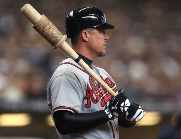 MILWAUKEE, WI - APRIL 04: Chipper Jones #10 of the Atlanta Braves waits to bat against the Milwaukee Brewers during the home opener at Miller Park on April 4, 2011 in Milwaukee, Wisconsin. (Photo by Jonathan Daniel/Getty Images)