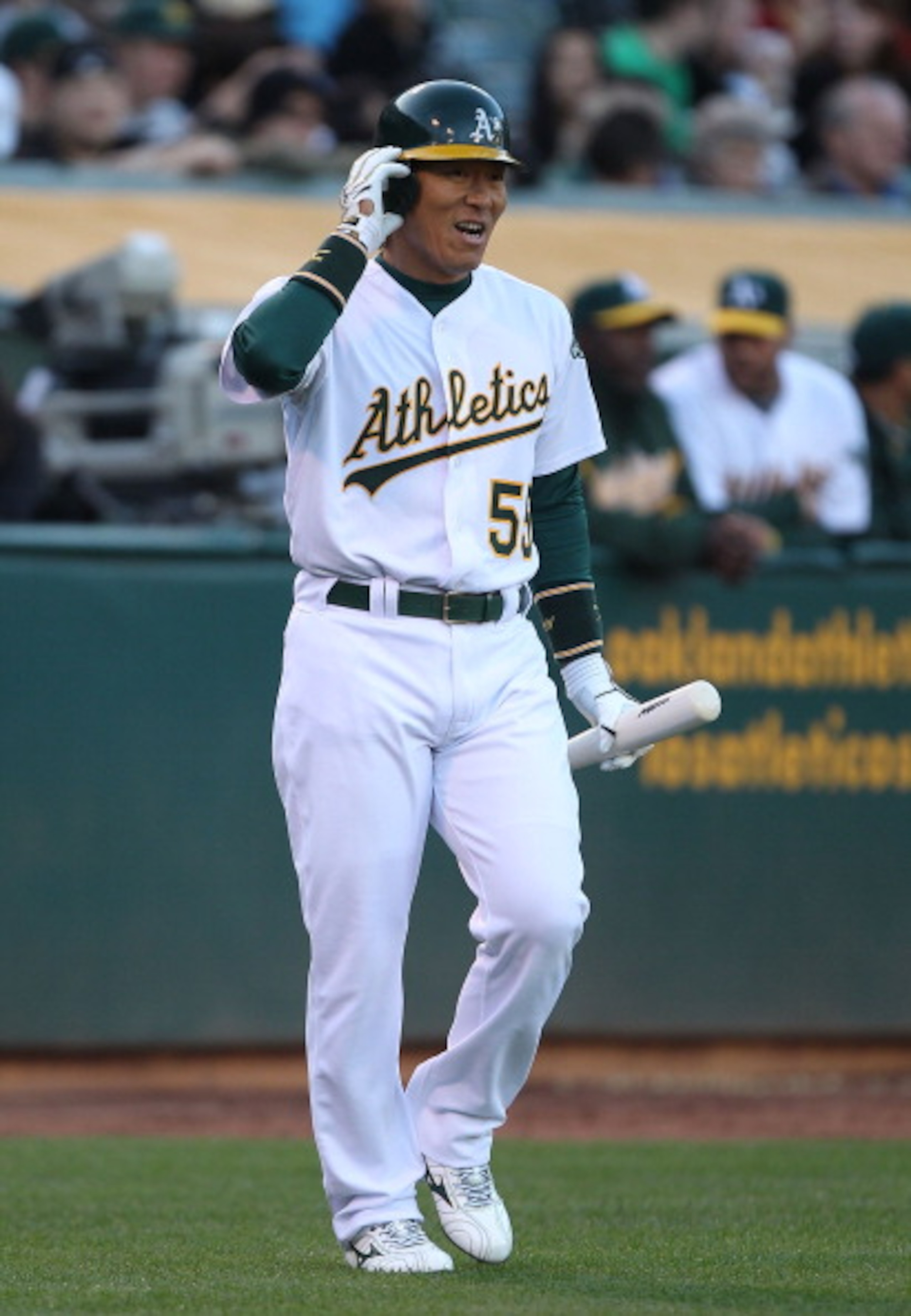 OAKLAND, CA - APRIL 02:  Hideki Matsui #55 of the Oakland Athletics prepares to bat in the second inning against the Seattle Mariners during a Major League Baseball game at the Oakland-Alameda County Coliseum on April 2, 2011 in Oakland, California.  (Pho