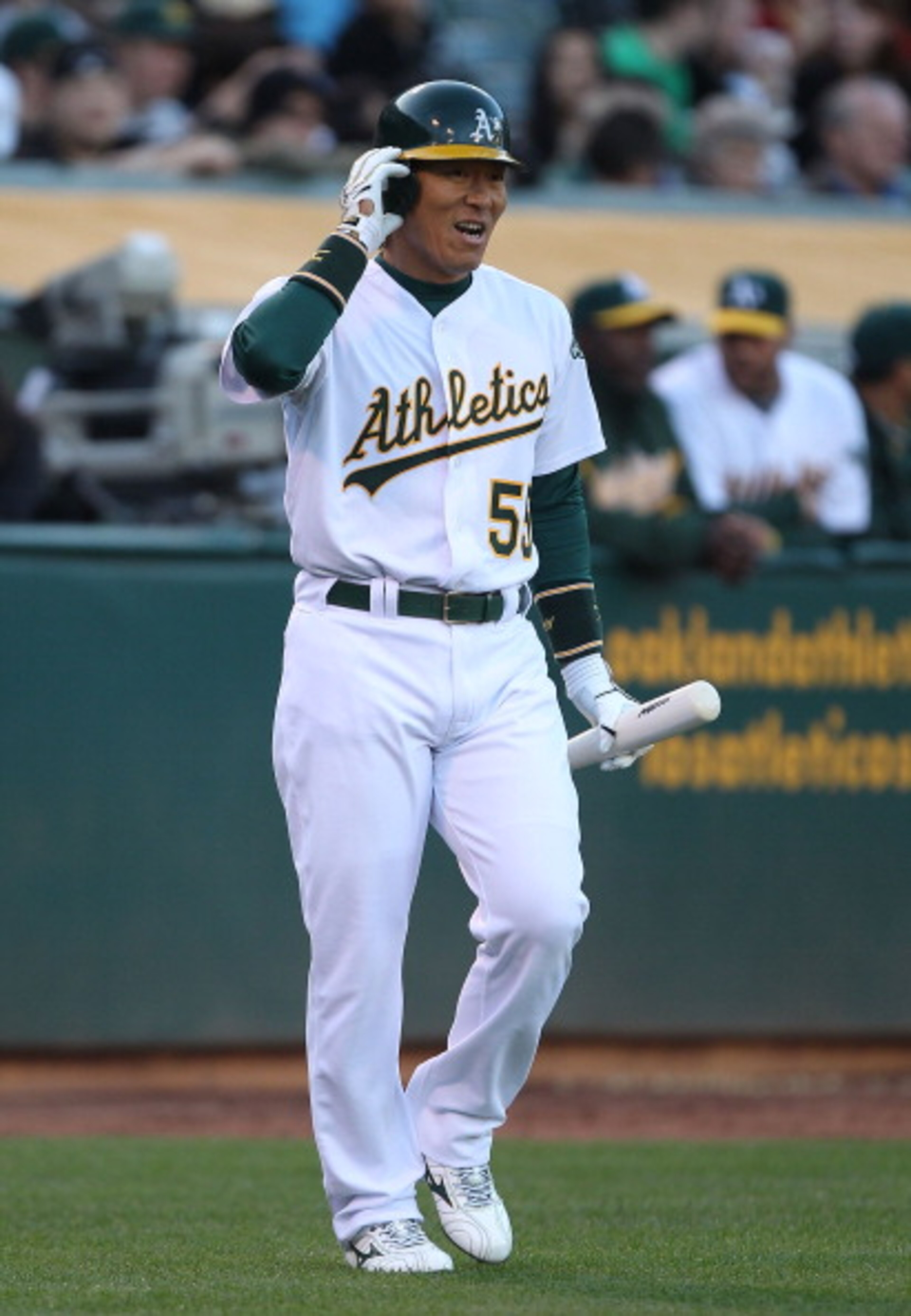 OAKLAND, CA - APRIL 02: Hideki Matsui #55 of the Oakland Athletics prepares to bat in the second inning against the Seattle Mariners during a Major League Baseball game at the Oakland-Alameda County Coliseum on April 2, 2011 in Oakland, California. (Pho OAKLAND, CA - APRIL 02: Hideki Matsui #55 of the Oakland Athletics prepares to bat in the second inning against the Seattle Mariners during a Major League Baseball game at the Oakland-Alameda County Coliseum on April 2, 2011 in Oakland, California. (Pho