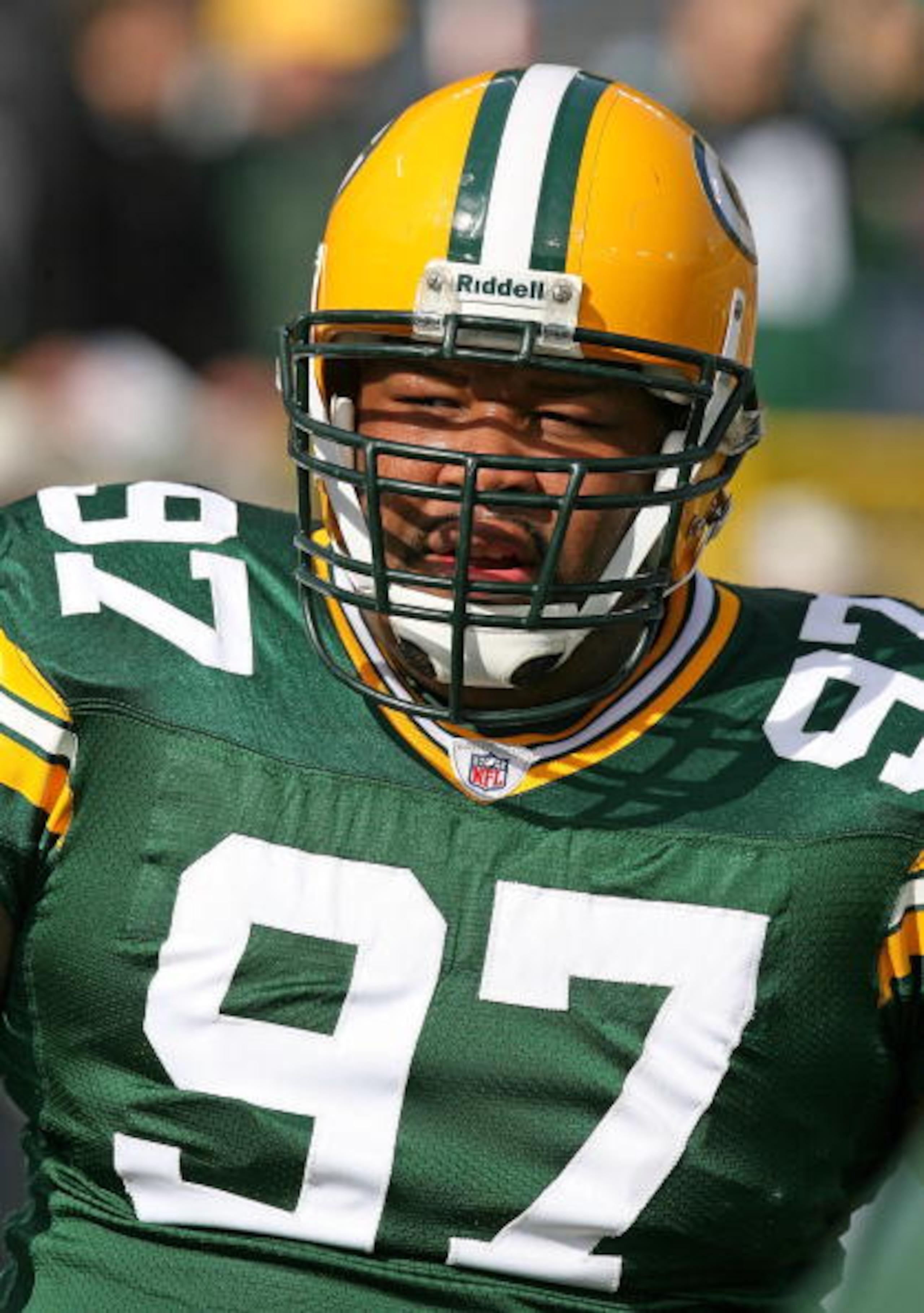 GREEN BAY, WI - OCTOBER 18: Johnny Jolly #97 of the Green Bay Packers participates in warm-ups before a game against the Detroit Lions at Lambeau Field on October 18, 2009 in Green Bay, Wisconsin. The Packers defeated the Lions 26-0. (Photo by Jonathan Da