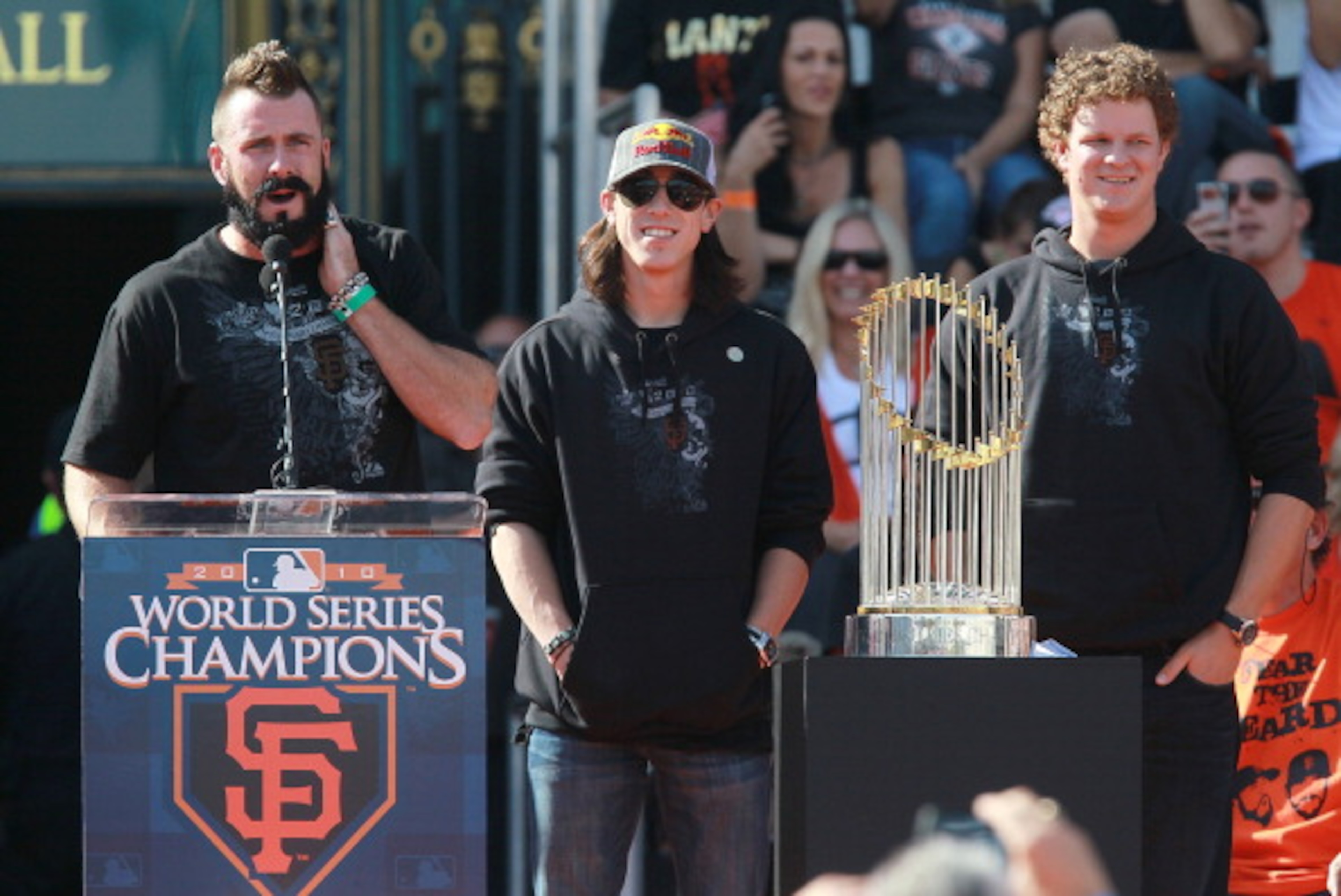SAN FRANCISCO - NOVEMBER 03: (L-R) San Francisco Giants pitchers Brian Wilson, Tim Lincecum and Matt Cain speak to fans outside San Francisco city hall during the Giants' victory parade and celebration on November 3, 2010 in San Francisco, California. Th SAN FRANCISCO - NOVEMBER 03: (L-R) San Francisco Giants pitchers Brian Wilson, Tim Lincecum and Matt Cain speak to fans outside San Francisco city hall during the Giants' victory parade and celebration on November 3, 2010 in San Francisco, California. Th