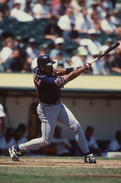 11 Aug 1996:  Outfielder Albert Belle of the Cleveland Indians stares into the outfield while following the flight of his hit after making contact with the ball during an at-bat in the Indians 9-3 loss to the Oakland A''s at the Alemeda County Coliseum in