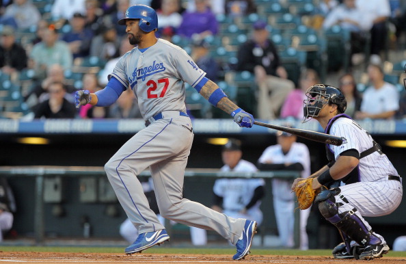 DENVER, CO - APRIL 05:  Matt Kemp #27 of the Los Angeles Dodgers takes an at bat against the Colorado Rockies at Coors Field on April 5, 2011 in Denver, Colorado.  (Photo by Doug Pensinger/Getty Images)