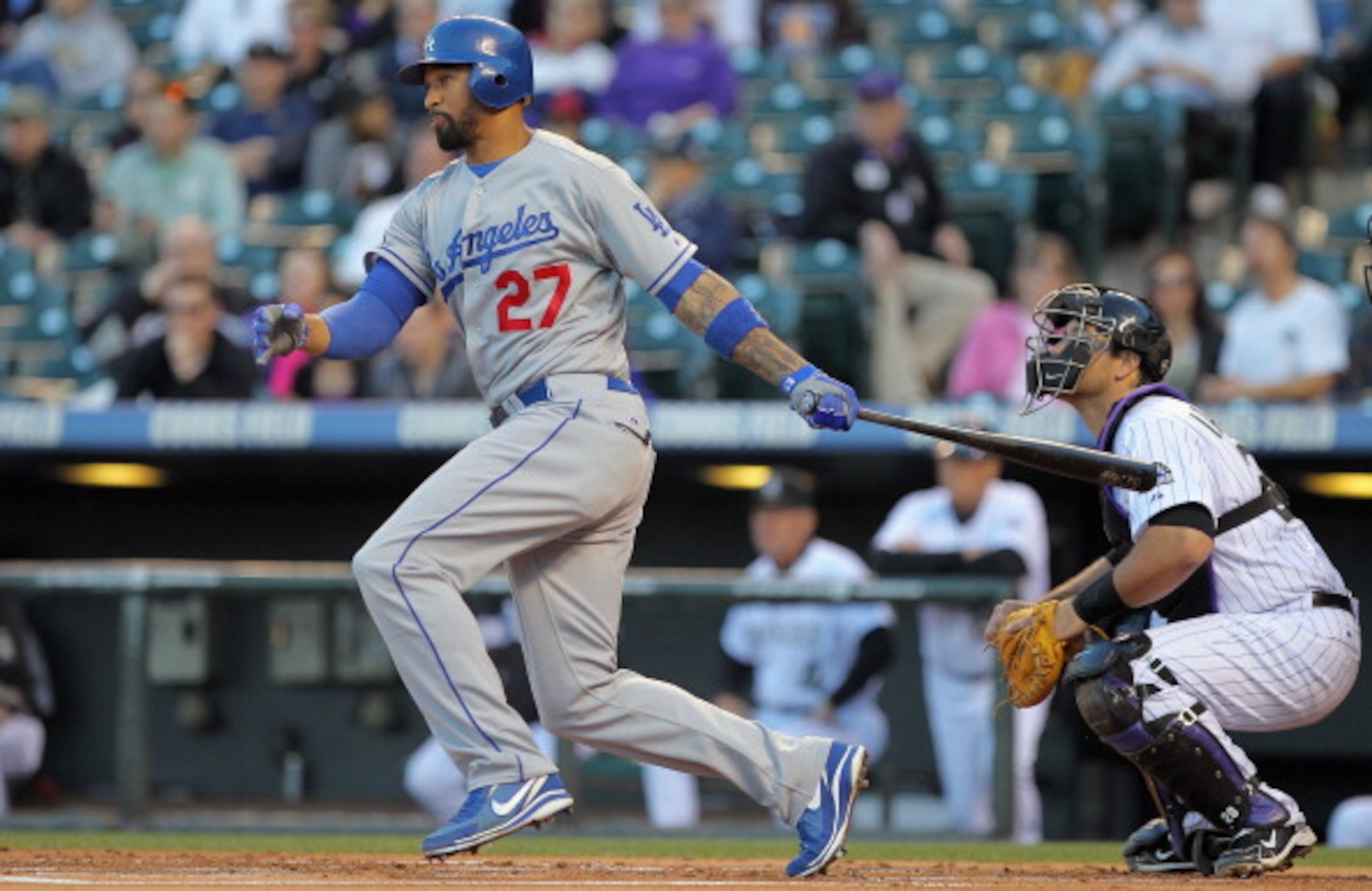 DENVER, CO - APRIL 05: Matt Kemp #27 of the Los Angeles Dodgers takes an at bat against the Colorado Rockies at Coors Field on April 5, 2011 in Denver, Colorado. (Photo by Doug Pensinger/Getty Images) DENVER, CO - APRIL 05: Matt Kemp #27 of the Los Angeles Dodgers takes an at bat against the Colorado Rockies at Coors Field on April 5, 2011 in Denver, Colorado. (Photo by Doug Pensinger/Getty Images)